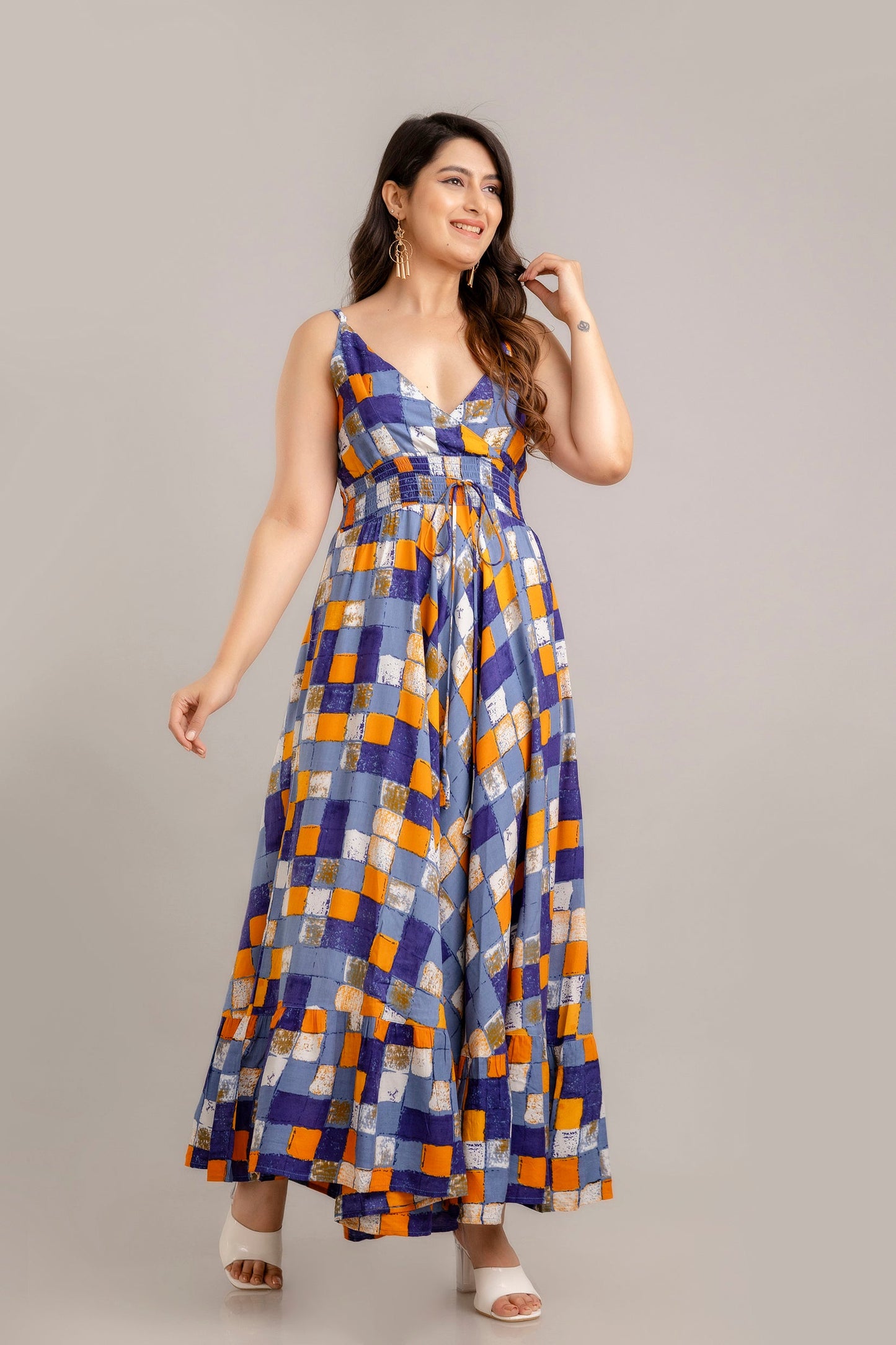 Multi Geometric Printed Sleeveless Fit and Flare Maxi Dress - SHKUP1360