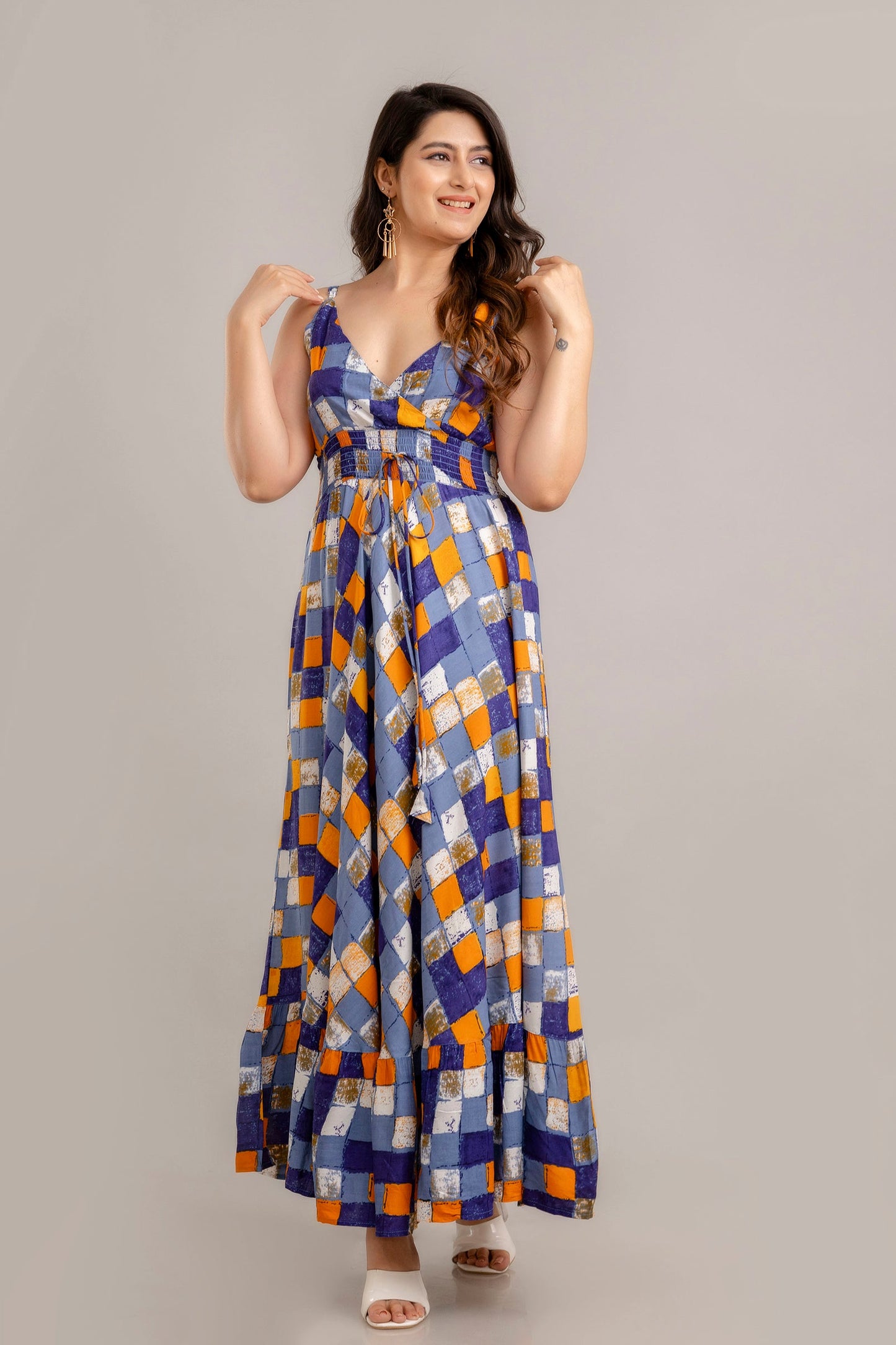 Multi Geometric Printed Sleeveless Fit and Flare Maxi Dress - SHKUP1360