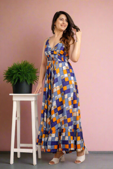 Multi Geometric Printed Sleeveless Fit and Flare Maxi Dress - SHKUP1360
