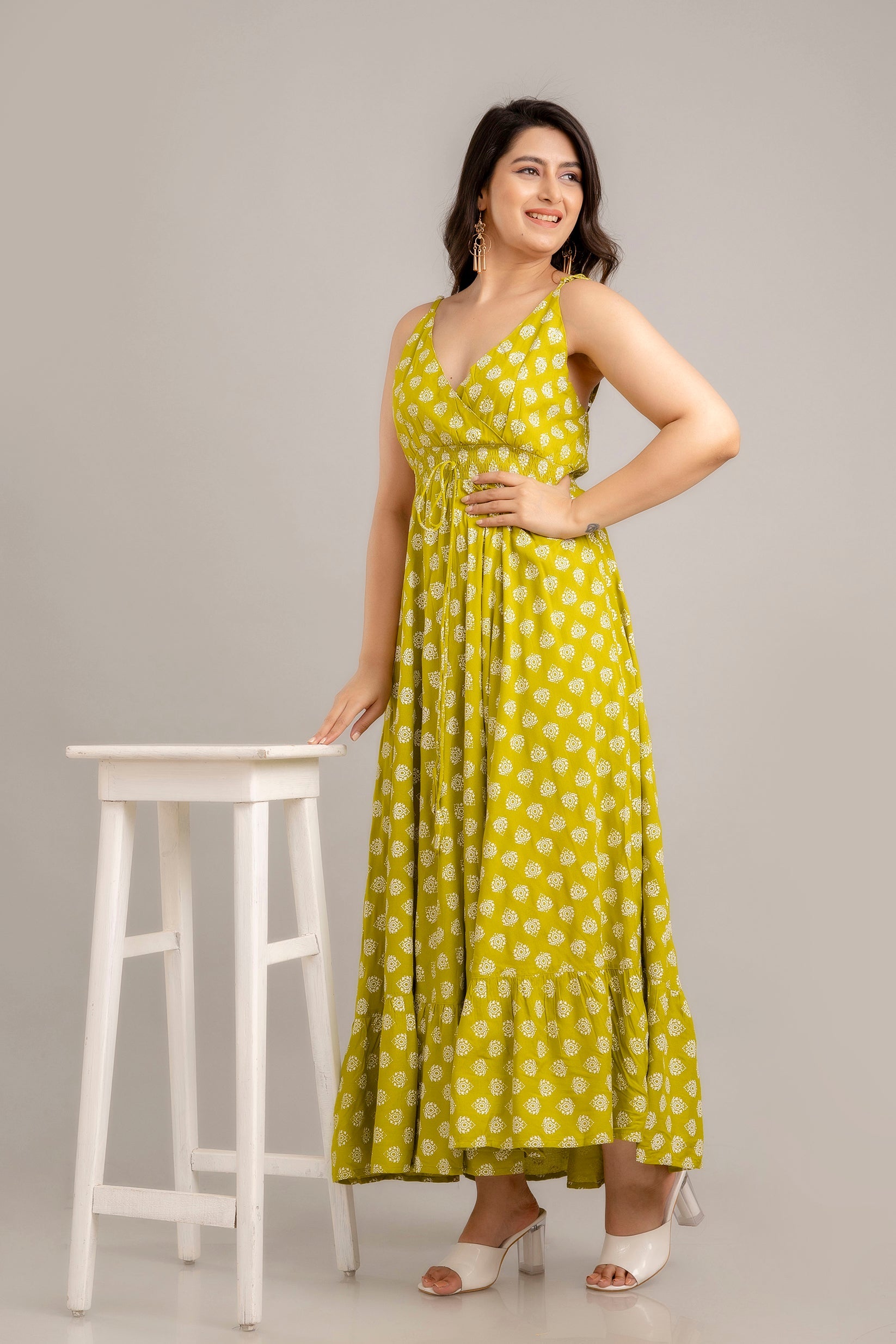 Green Floral Printed Sleeveless Fit and Flare Maxi Dress - SHKUP1361