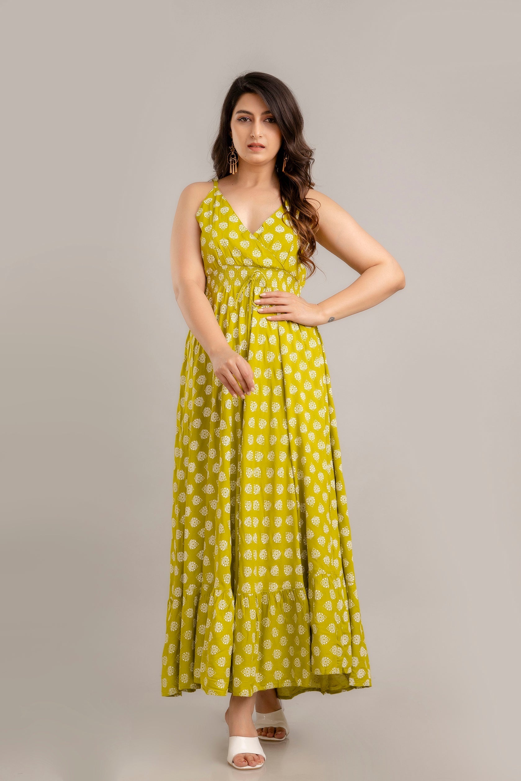 Green Floral Printed Sleeveless Fit and Flare Maxi Dress - SHKUP1361