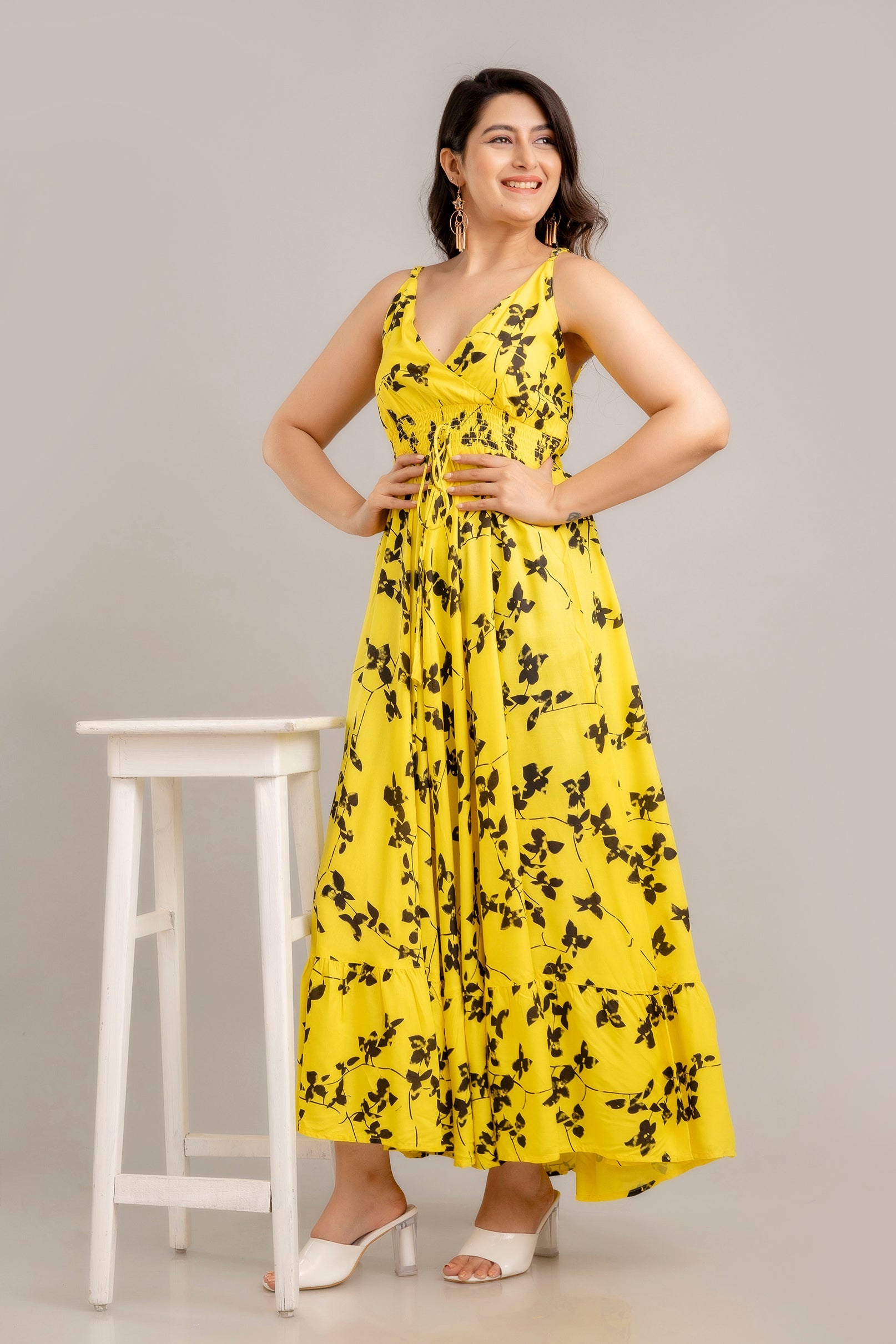 Yellow Floral Printed Sleeveless Fit and Flare Maxi Dress - SHKUP1362