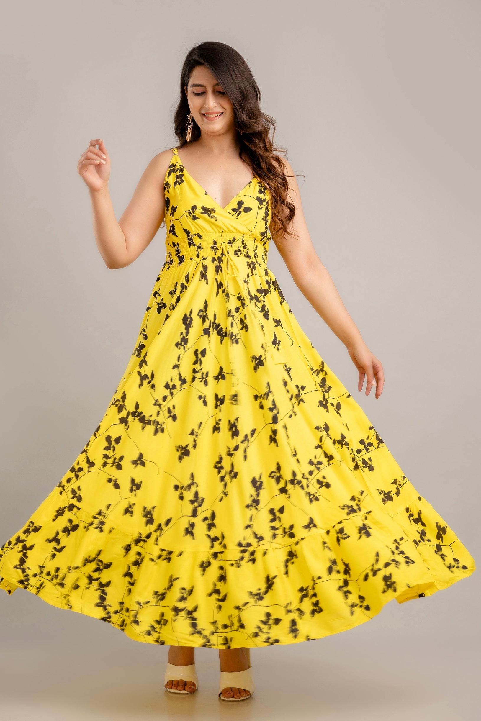 Yellow Floral Printed Sleeveless Fit and Flare Maxi Dress - SHKUP1362