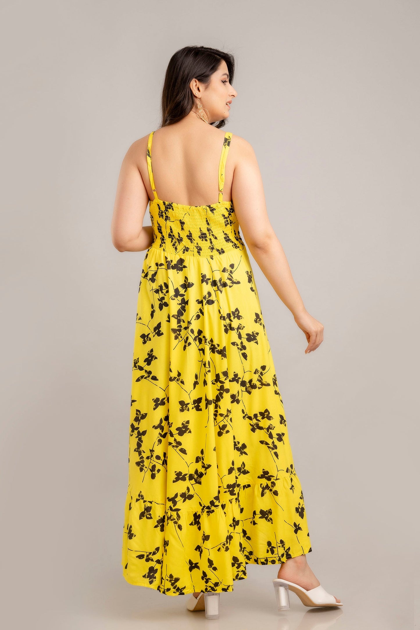 Yellow Floral Printed Sleeveless Fit and Flare Maxi Dress - SHKUP1362