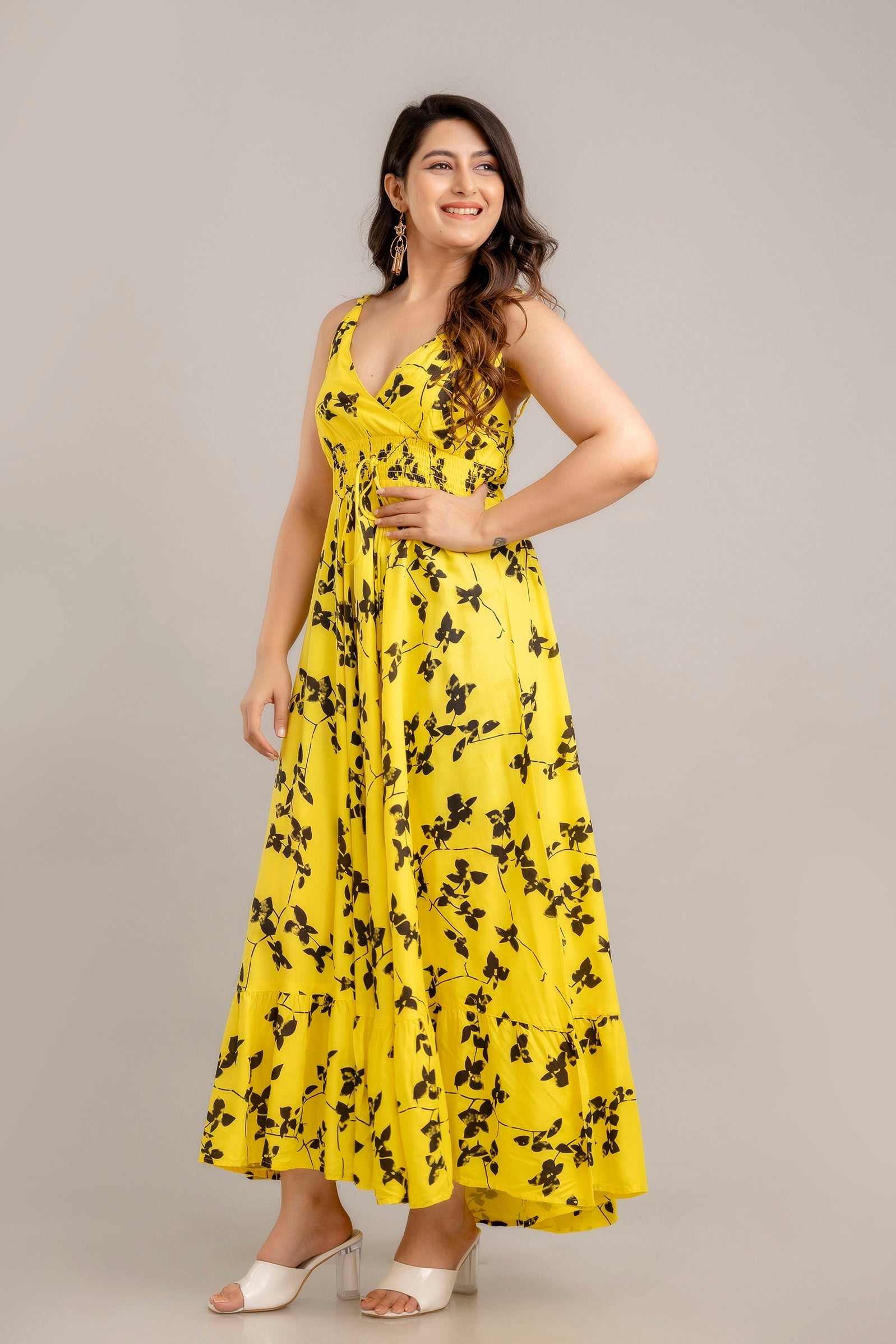 Yellow Floral Printed Sleeveless Fit and Flare Maxi Dress - SHKUP1362