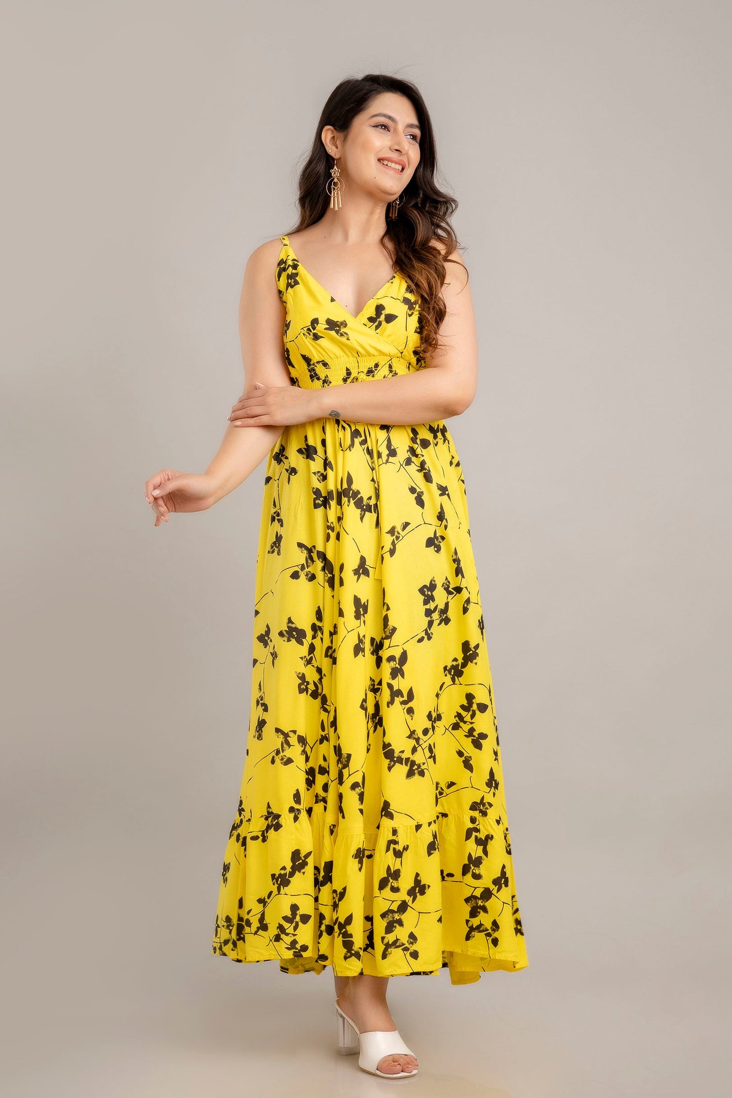 Yellow Floral Printed Sleeveless Fit and Flare Maxi Dress - SHKUP1362