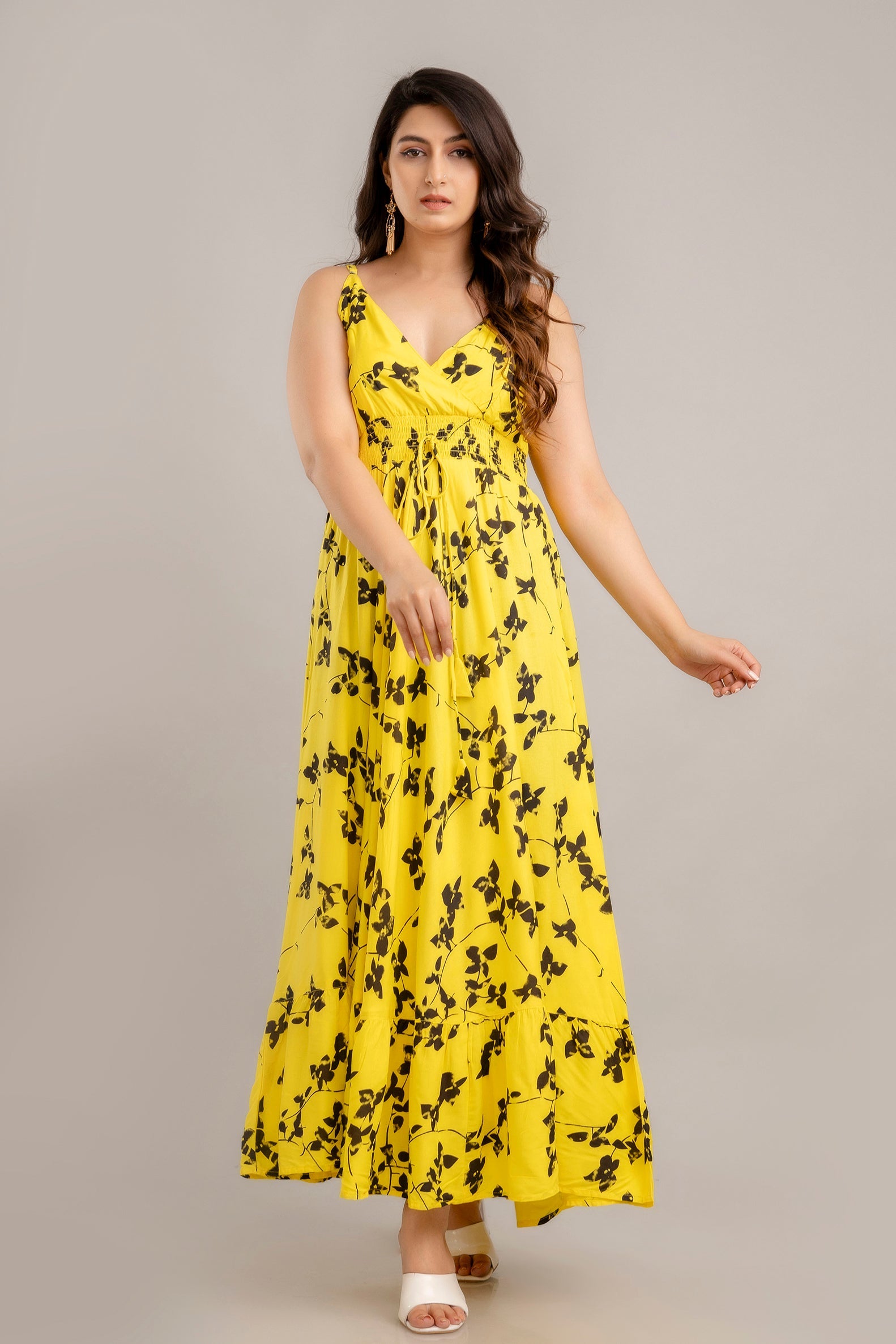 Yellow Floral Printed Sleeveless Fit and Flare Maxi Dress - SHKUP1362