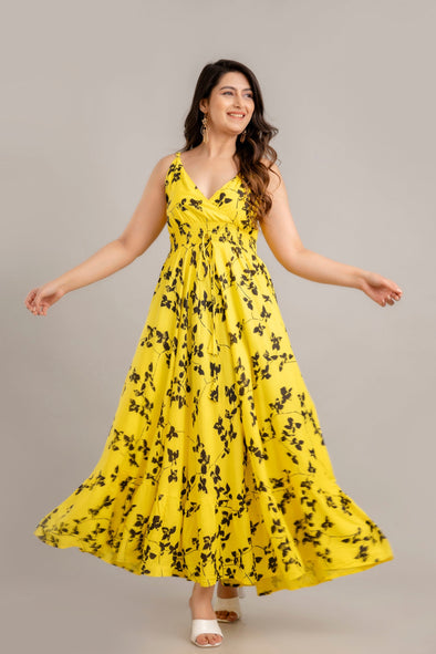 Yellow Floral Printed Sleeveless Fit and Flare Maxi Dress - SHKUP1362