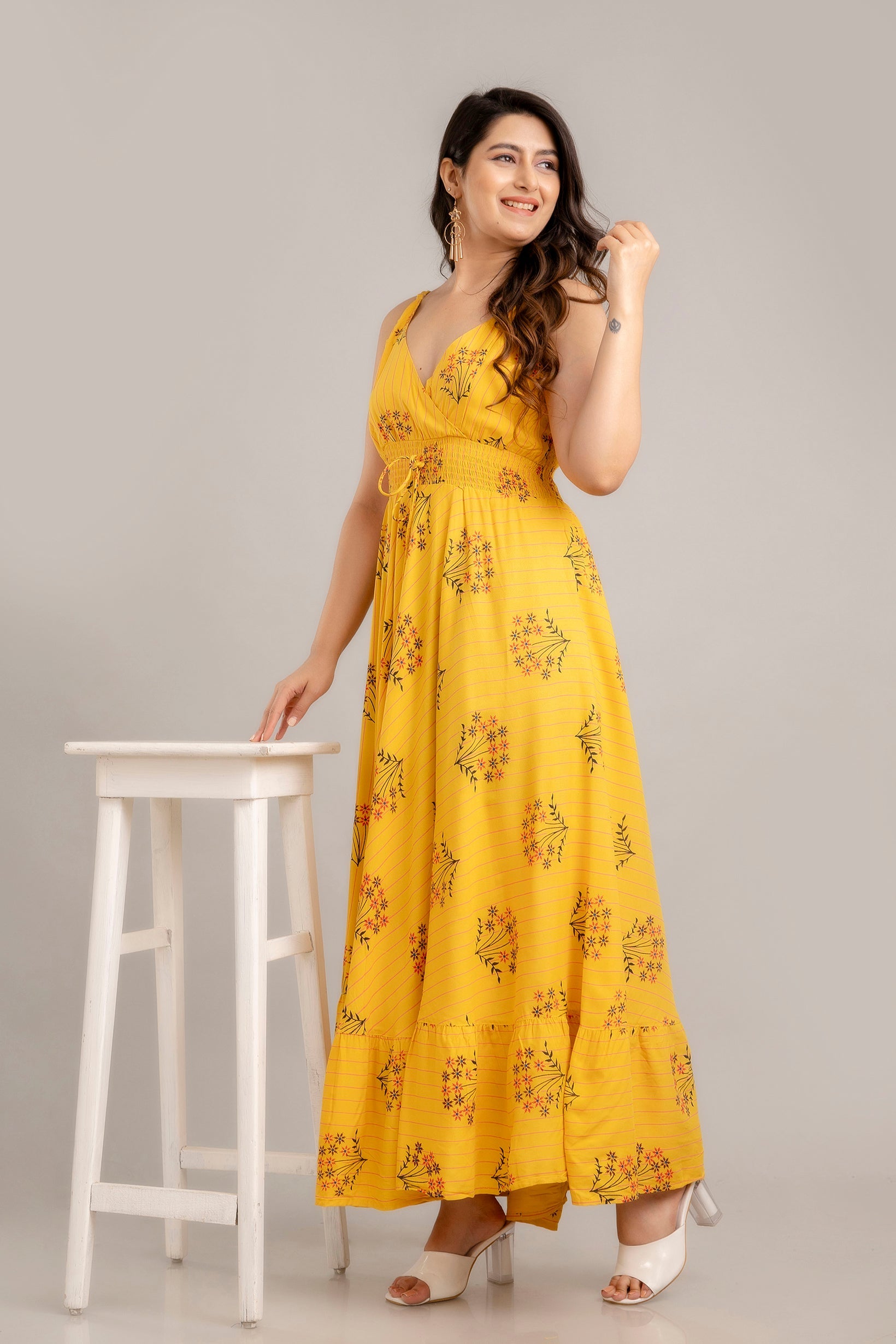 Mustard Floral Printed Sleeveless Fit and Flare Maxi Dress - SHKUP1363