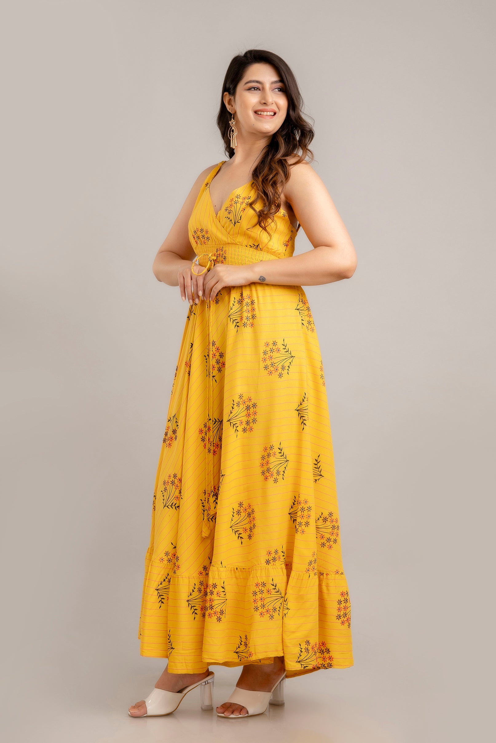 Mustard Floral Printed Sleeveless Fit and Flare Maxi Dress - SHKUP1363