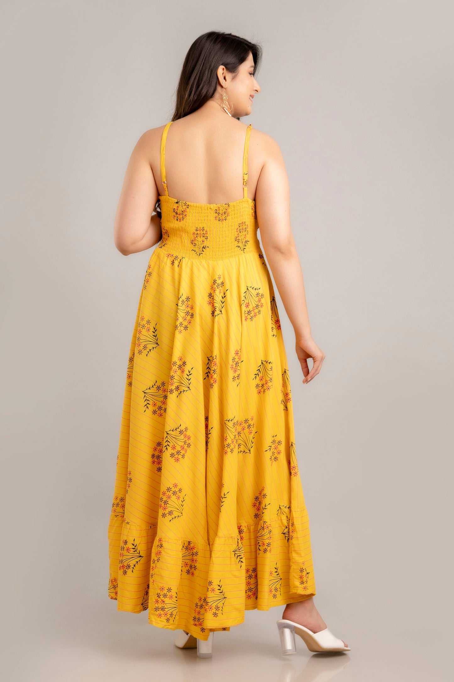 Mustard Floral Printed Sleeveless Fit and Flare Maxi Dress - SHKUP1363