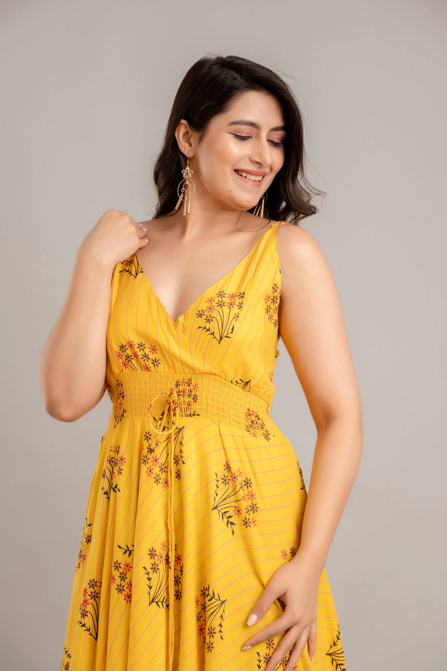 Mustard Floral Printed Sleeveless Fit and Flare Maxi Dress - SHKUP1363