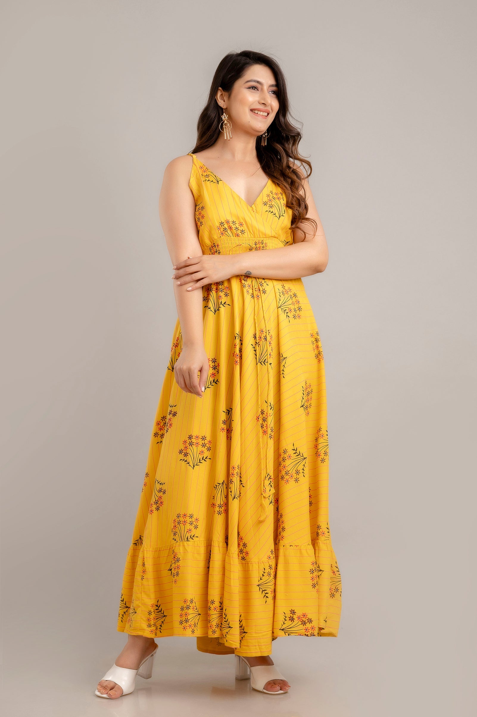 Mustard Floral Printed Sleeveless Fit and Flare Maxi Dress - SHKUP1363