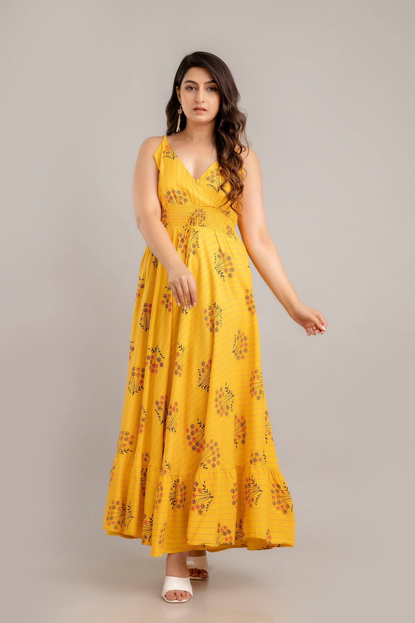 Mustard Floral Printed Sleeveless Fit and Flare Maxi Dress - SHKUP1363