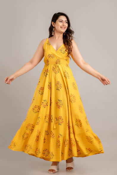 Mustard Floral Printed Sleeveless Fit and Flare Maxi Dress - SHKUP1363