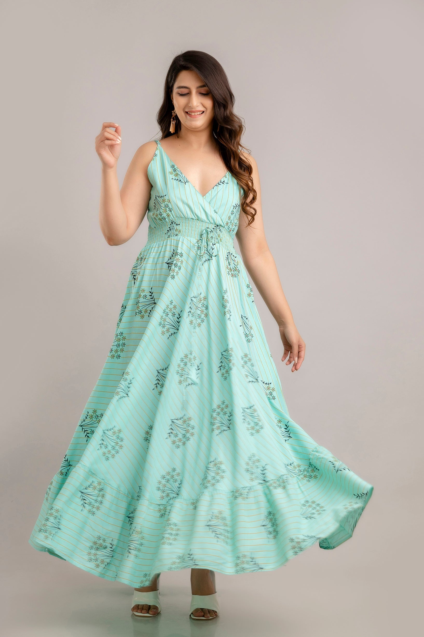 Turquoise Blue Floral Printed Sleeveless Fit and Flare Maxi Dress - SHKUP1364