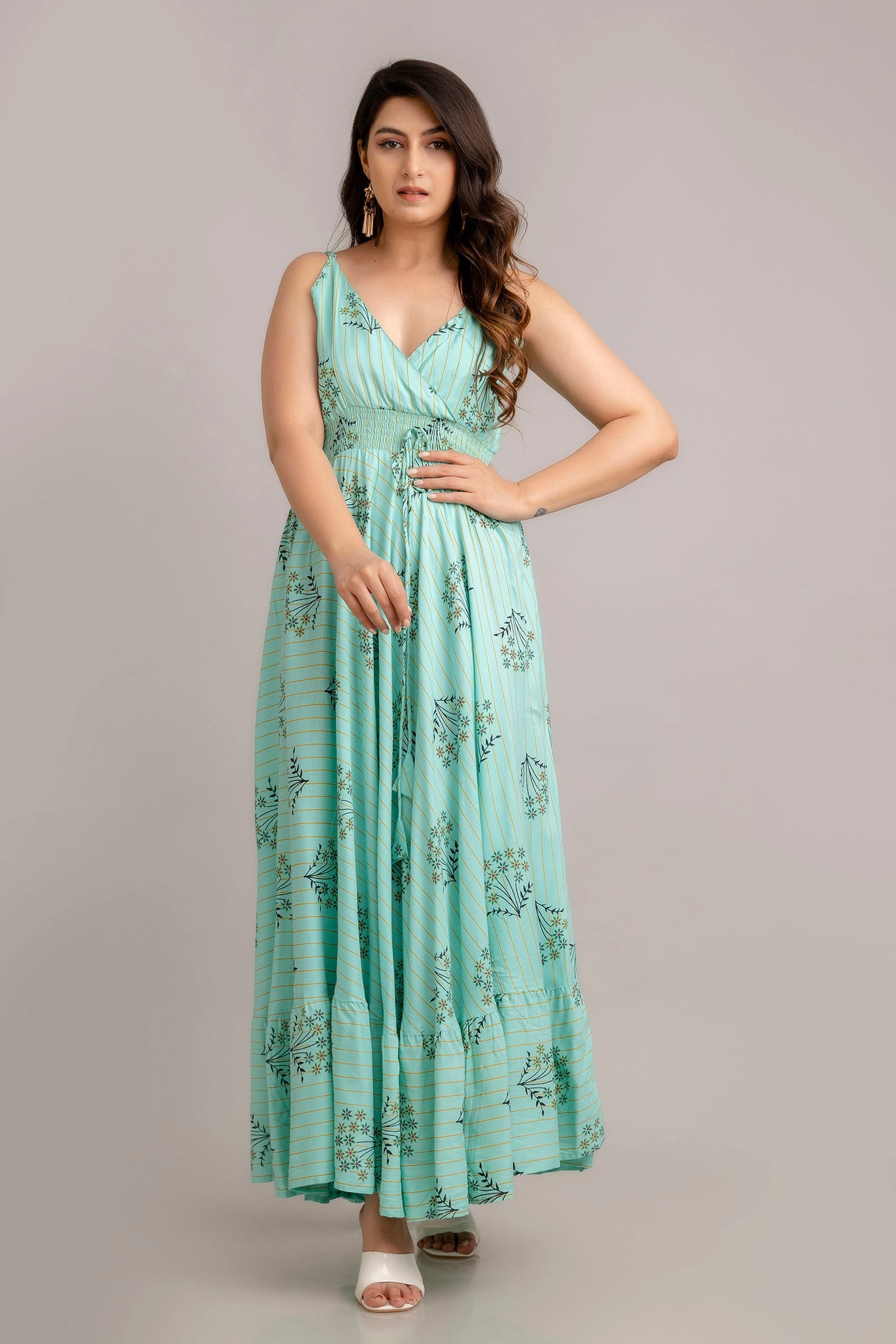 Turquoise Blue Floral Printed Sleeveless Fit and Flare Maxi Dress - SHKUP1364