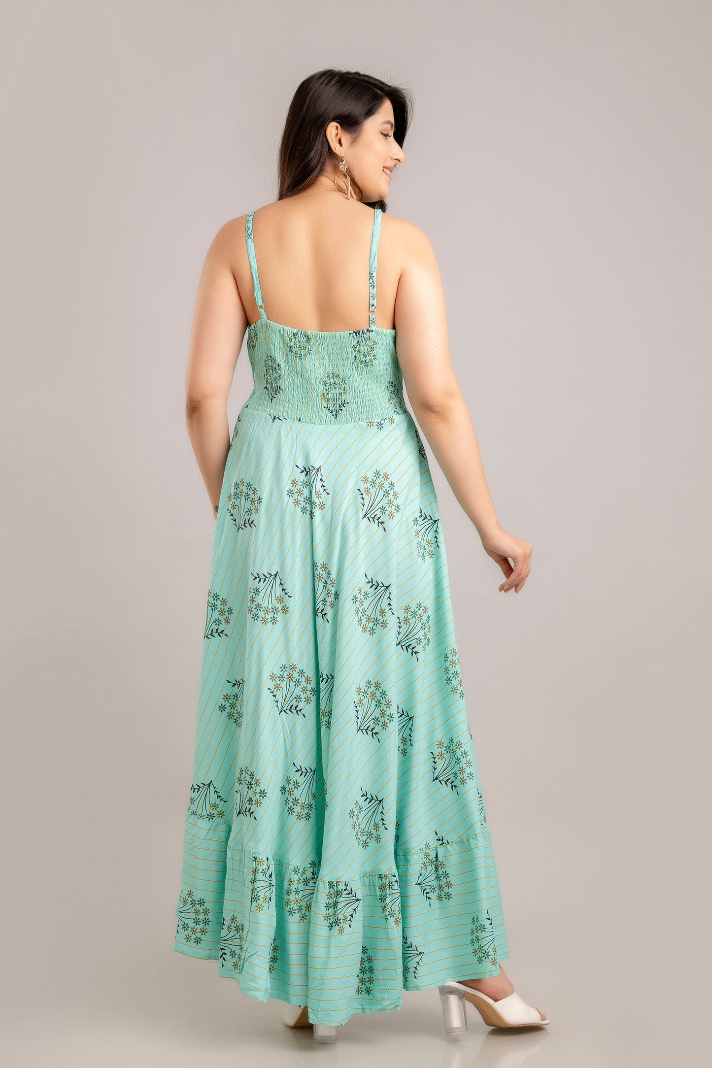 Turquoise Blue Floral Printed Sleeveless Fit and Flare Maxi Dress - SHKUP1364