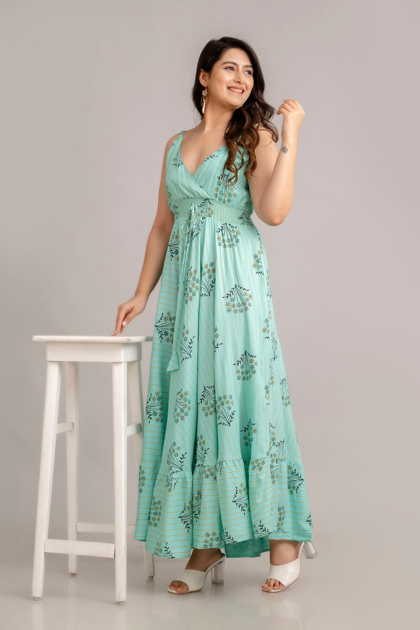 Turquoise Blue Floral Printed Sleeveless Fit and Flare Maxi Dress - SHKUP1364