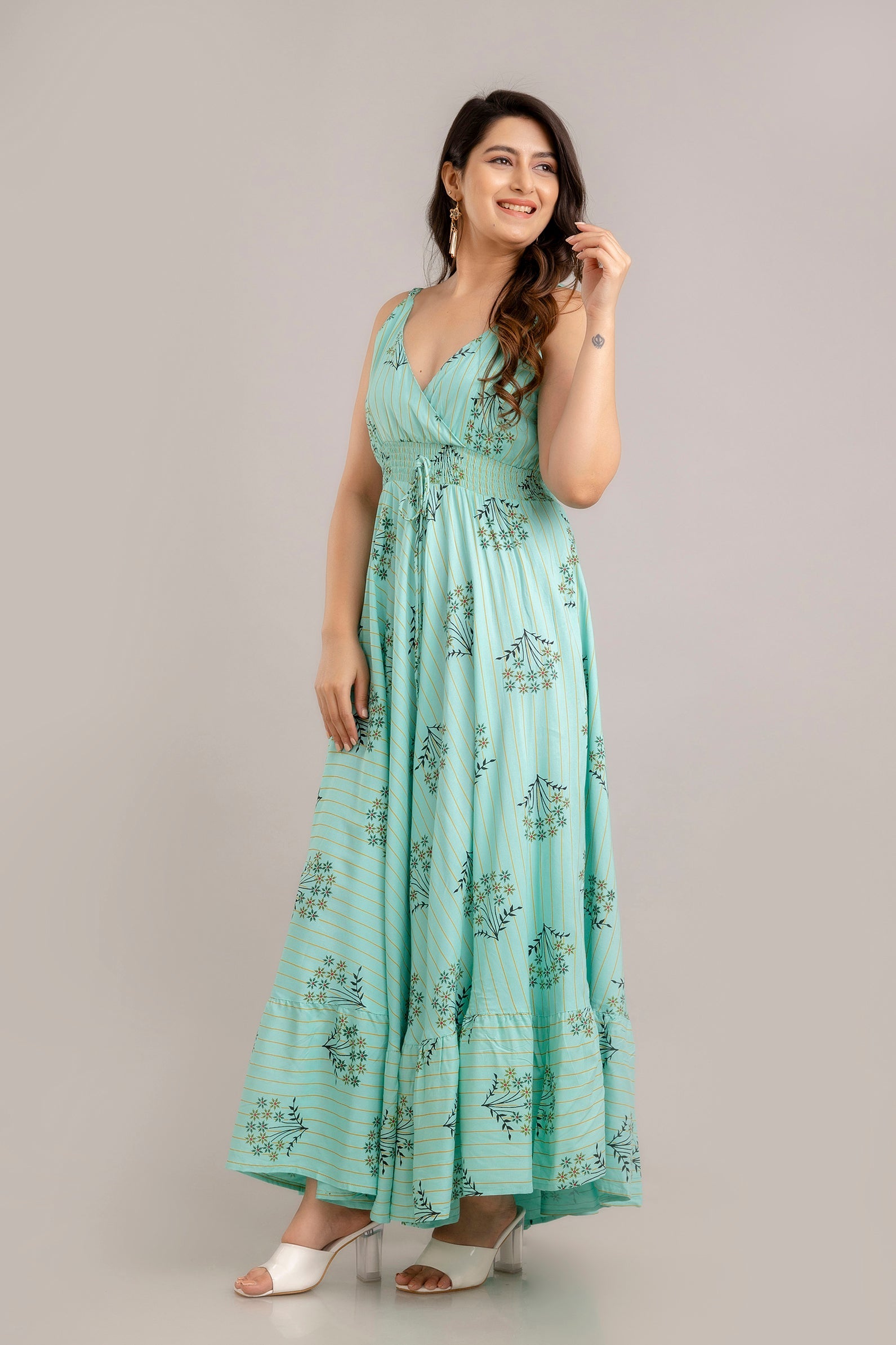 Turquoise Blue Floral Printed Sleeveless Fit and Flare Maxi Dress - SHKUP1364