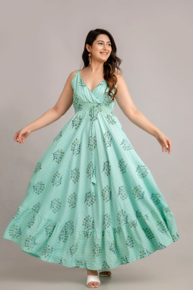 Turquoise Blue Floral Printed Sleeveless Fit and Flare Maxi Dress - SHKUP1364