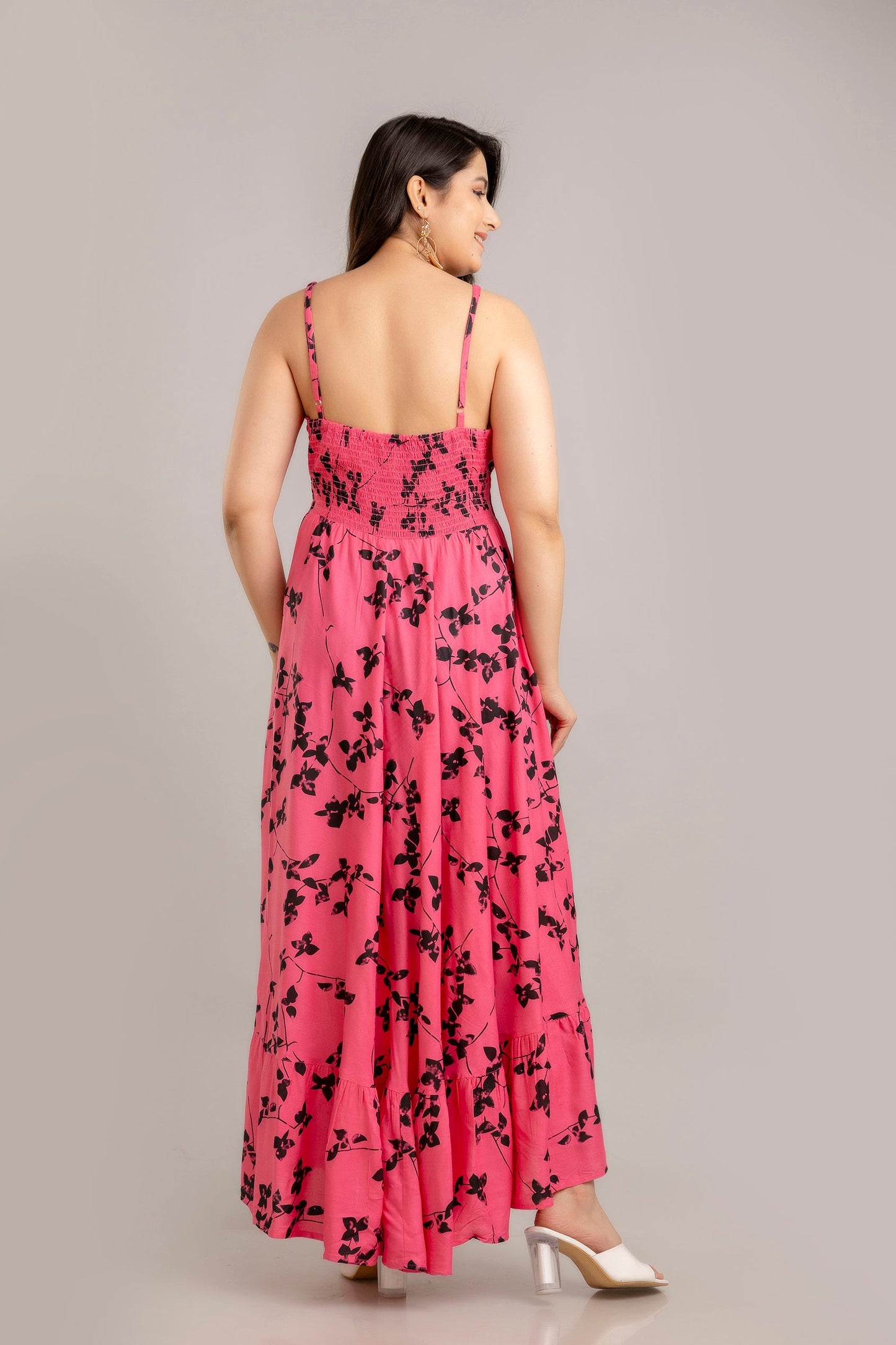 Pink Floral Printed Sleeveless Fit and Flare Maxi Dress - SHKUP1365