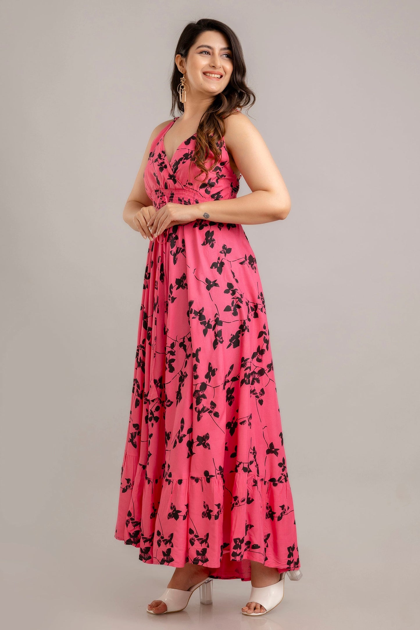 Pink Floral Printed Sleeveless Fit and Flare Maxi Dress - SHKUP1365