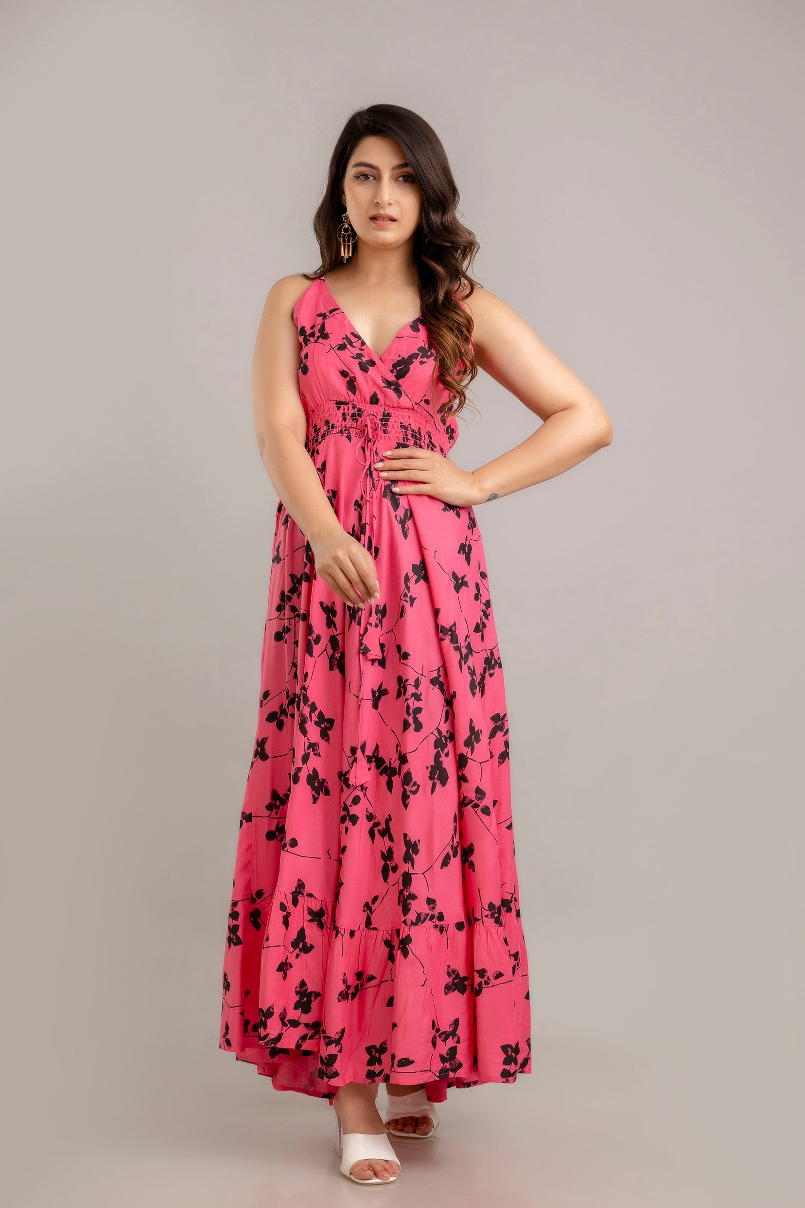 Pink Floral Printed Sleeveless Fit and Flare Maxi Dress - SHKUP1365