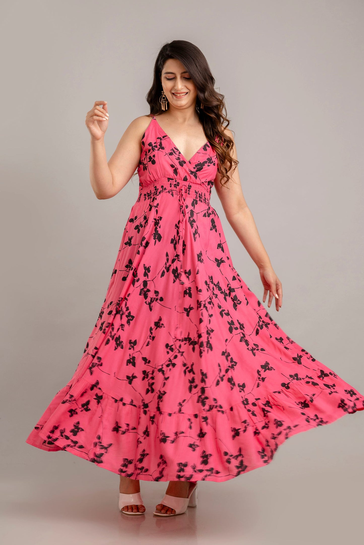 Pink Floral Printed Sleeveless Fit and Flare Maxi Dress - SHKUP1365