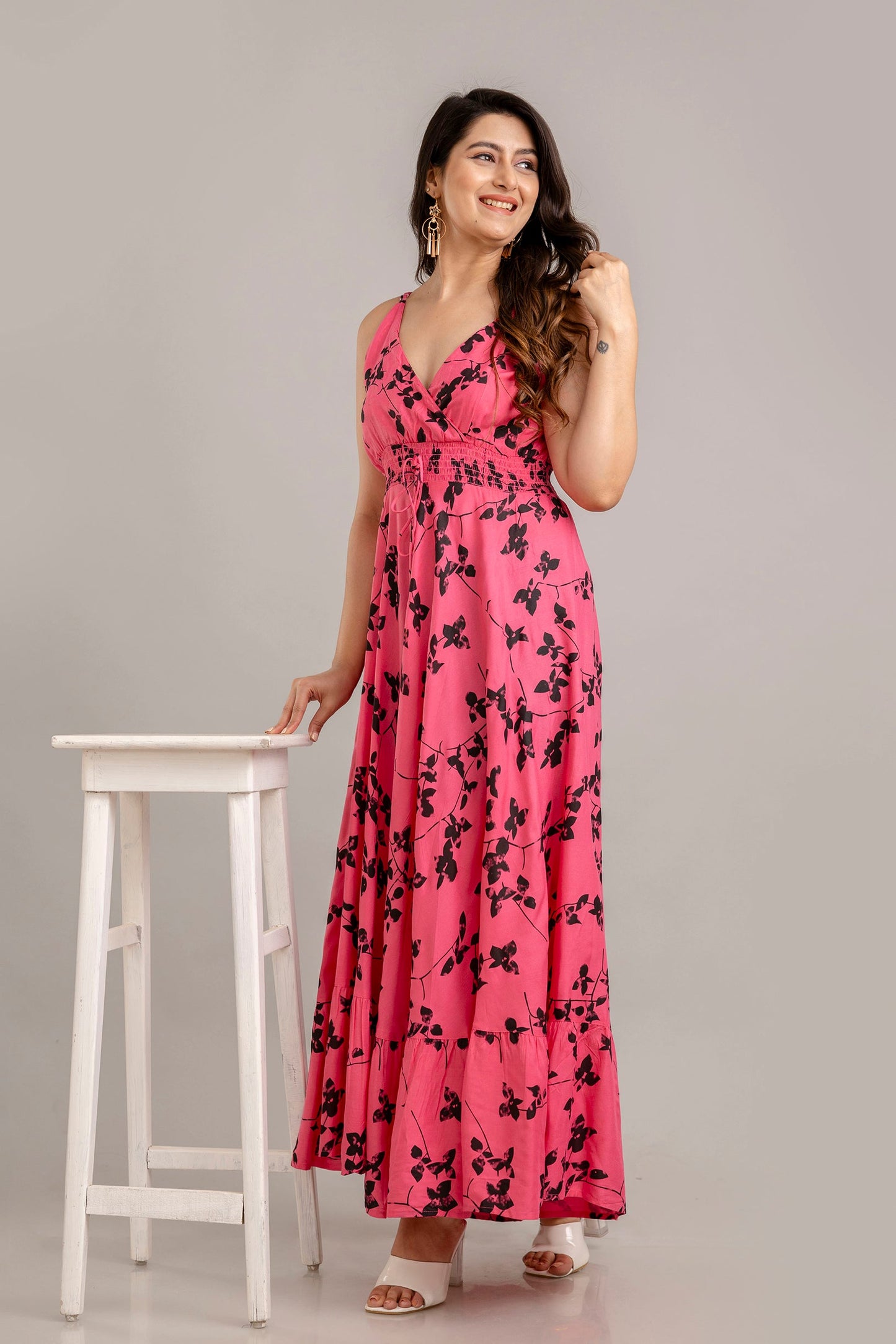 Pink Floral Printed Sleeveless Fit and Flare Maxi Dress - SHKUP1365