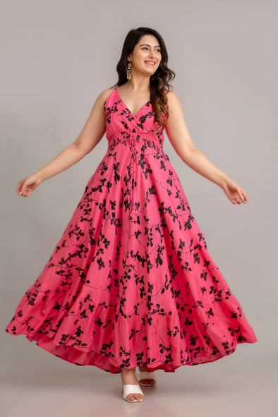 Pink Floral Printed Sleeveless Fit and Flare Maxi Dress - SHKUP1365