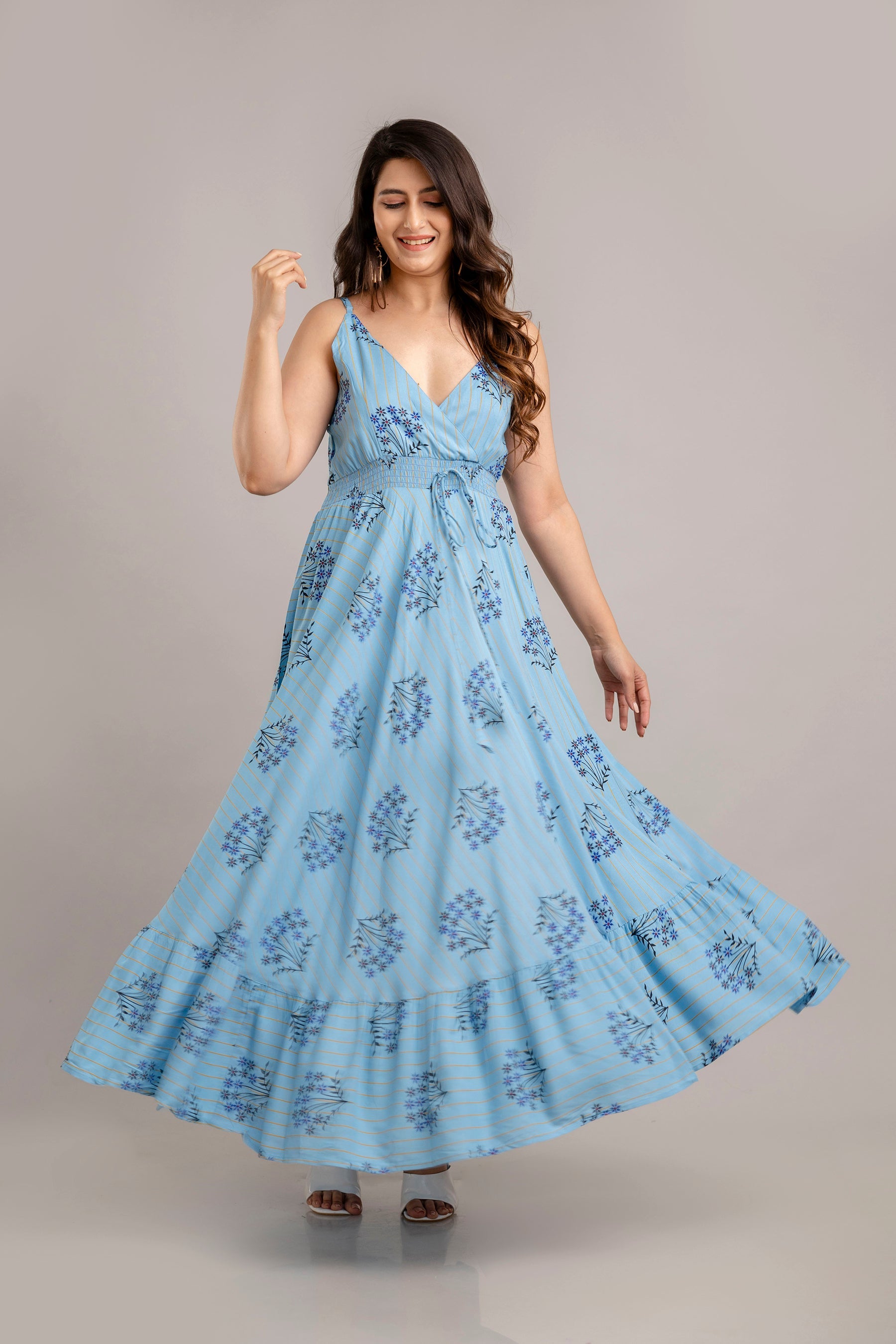 Turquoise Blue Floral Printed Sleeveless Fit and Flare Maxi Dress - SHKUP1366