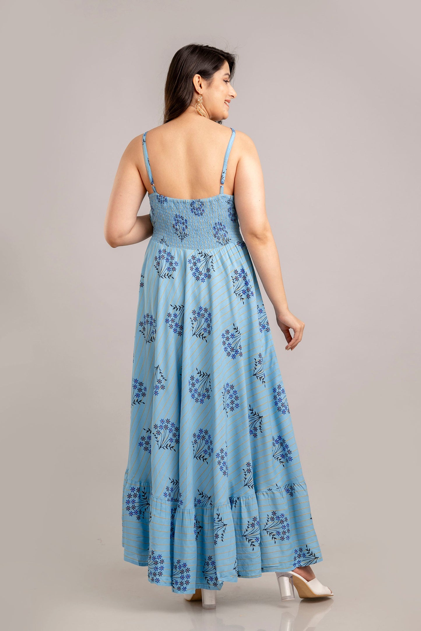 Turquoise Blue Floral Printed Sleeveless Fit and Flare Maxi Dress - SHKUP1366