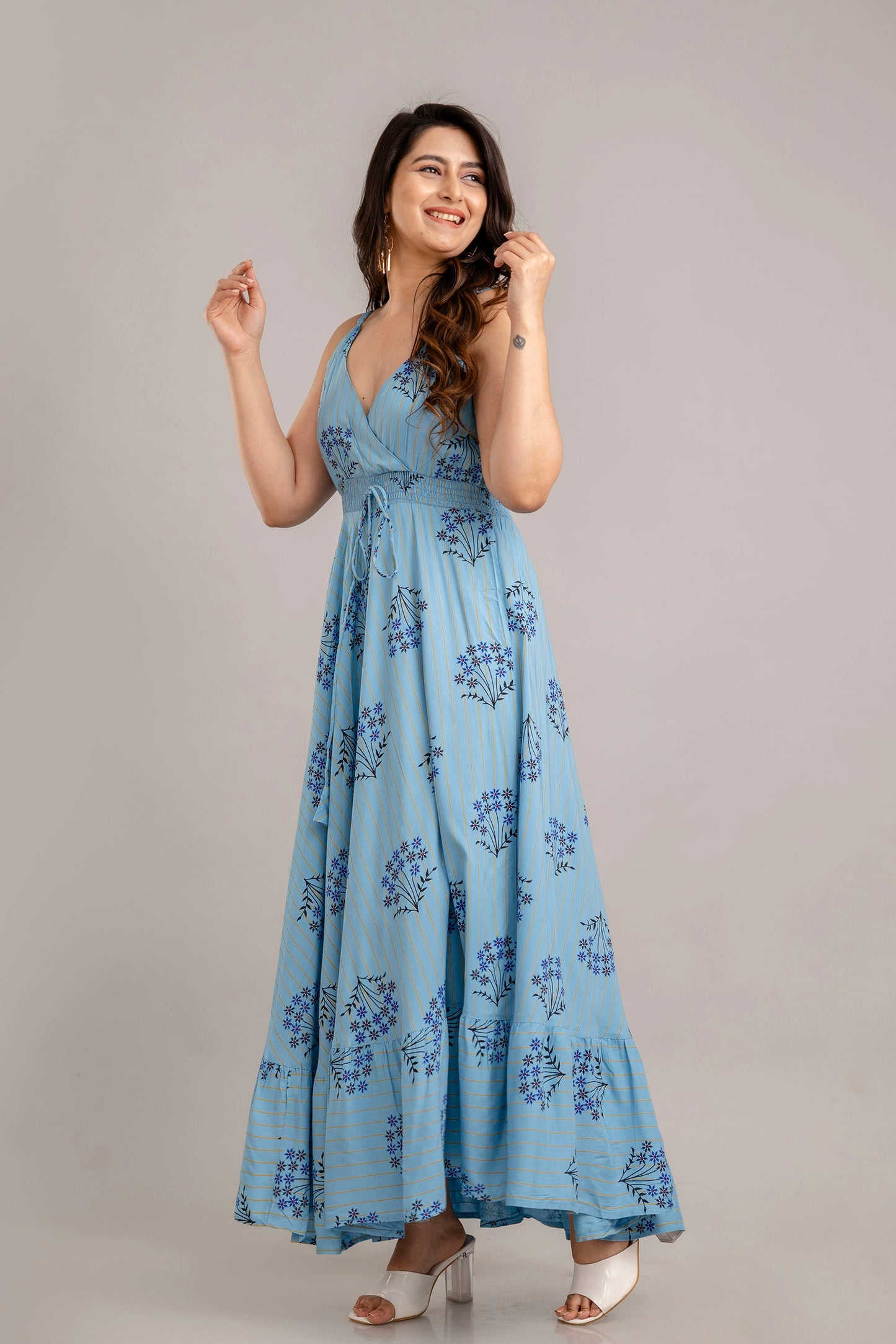 Turquoise Blue Floral Printed Sleeveless Fit and Flare Maxi Dress - SHKUP1366