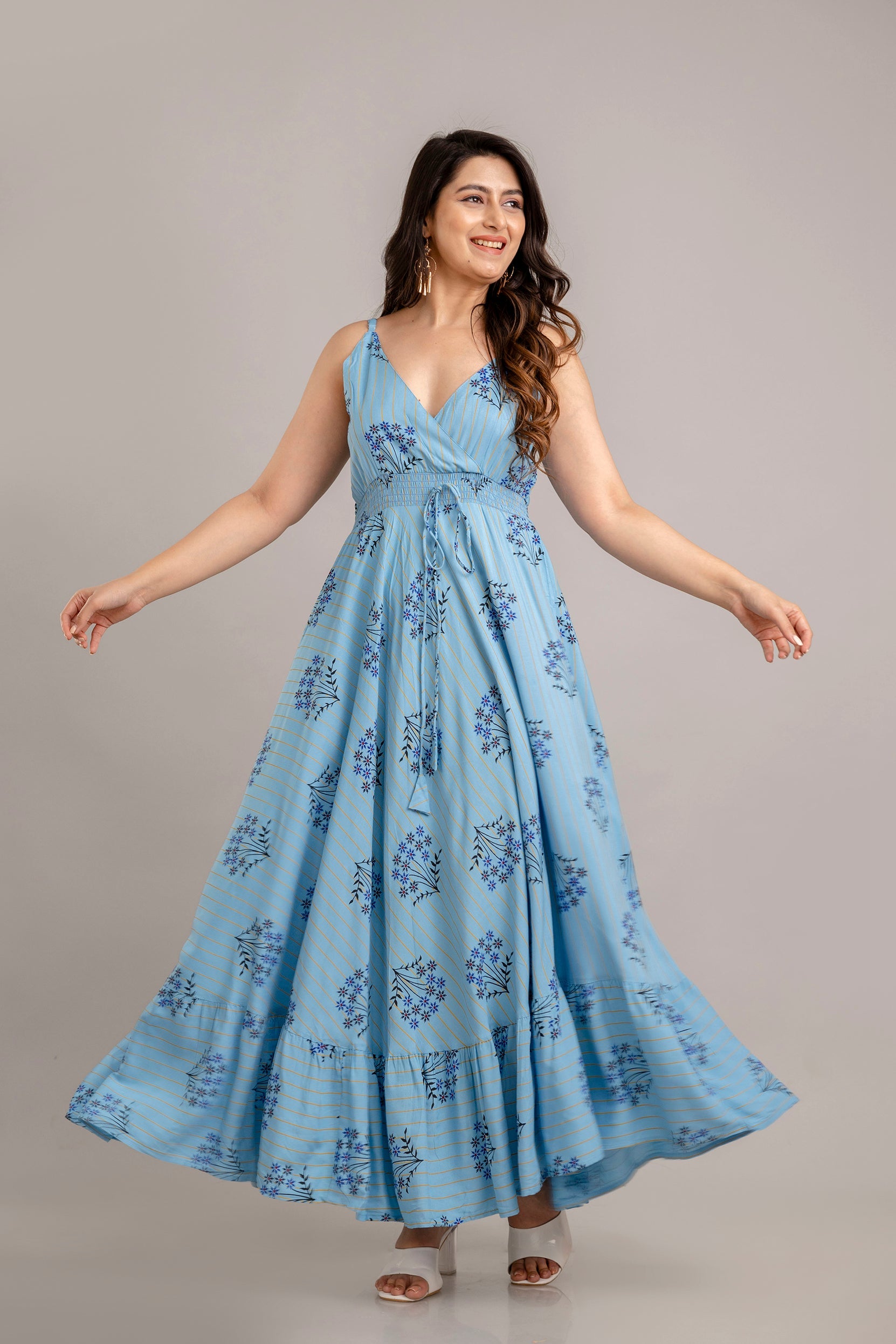 Turquoise Blue Floral Printed Sleeveless Fit and Flare Maxi Dress - SHKUP1366