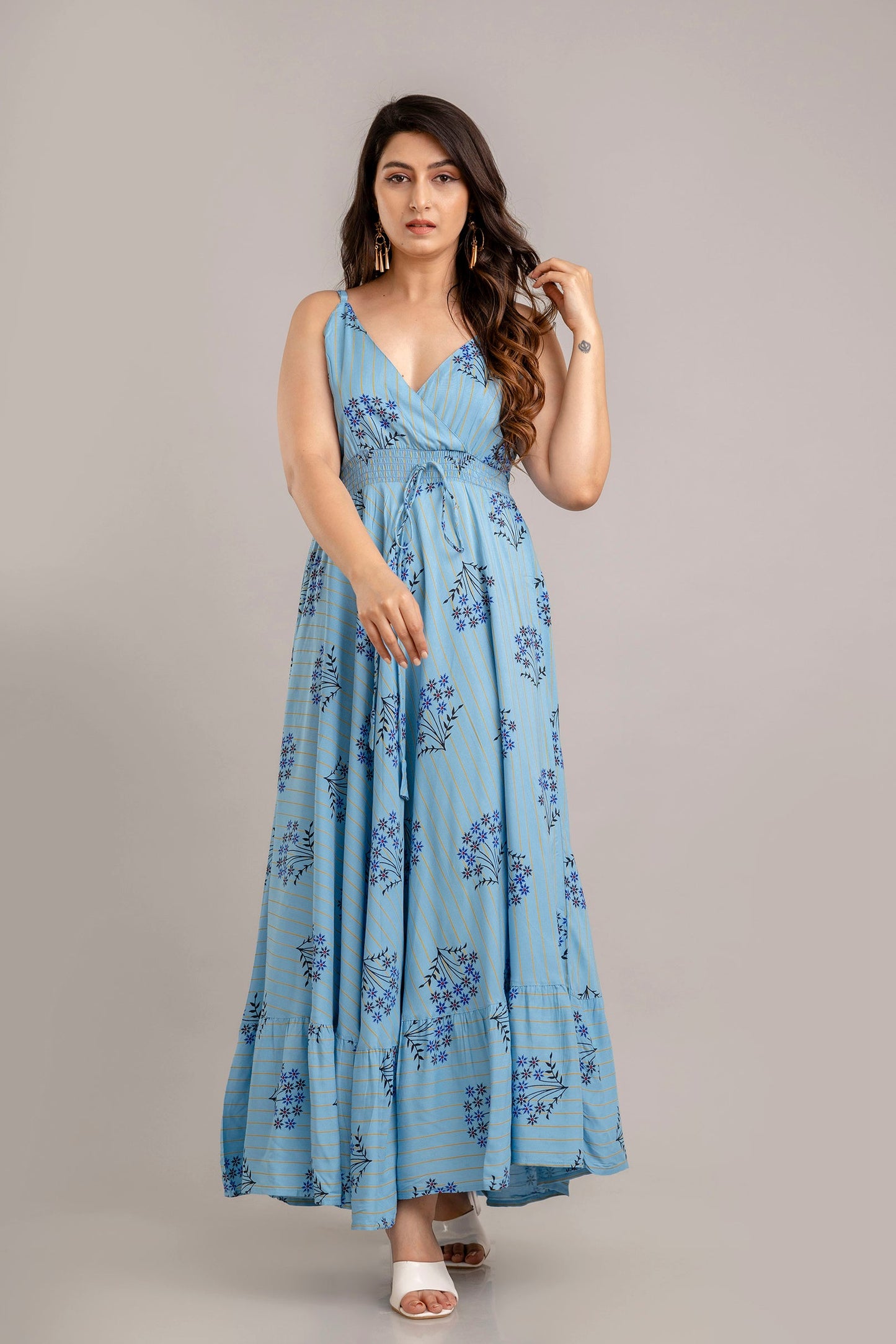 Turquoise Blue Floral Printed Sleeveless Fit and Flare Maxi Dress - SHKUP1366