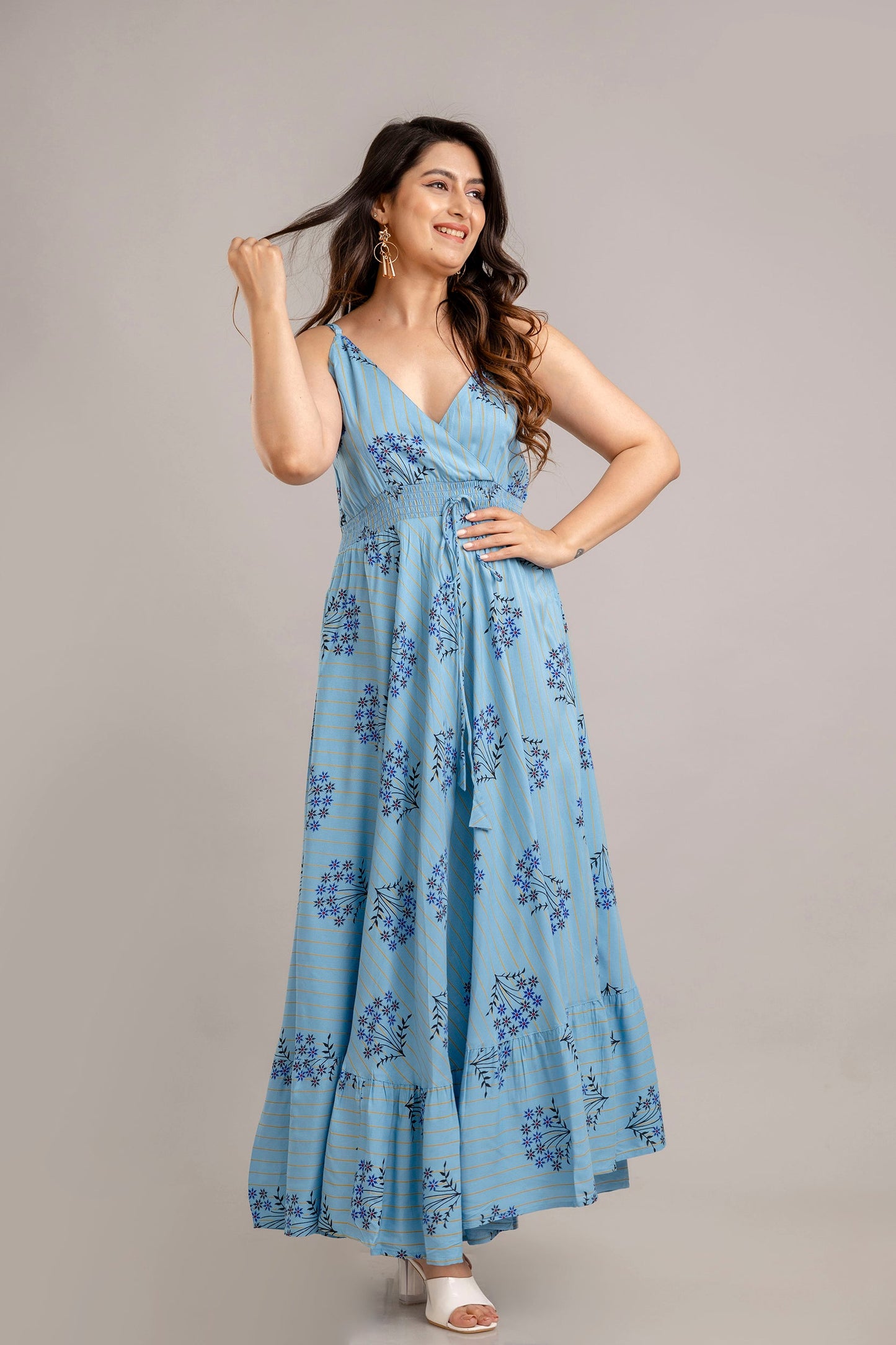 Turquoise Blue Floral Printed Sleeveless Fit and Flare Maxi Dress - SHKUP1366