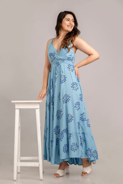 Turquoise Blue Floral Printed Sleeveless Fit and Flare Maxi Dress - SHKUP1366