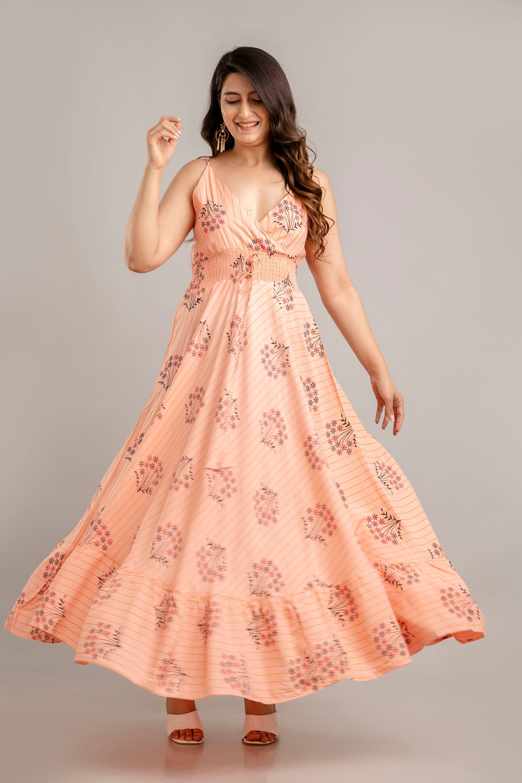 Peach Floral Printed Sleeveless Fit and Flare Maxi Dress - SHKUP1367