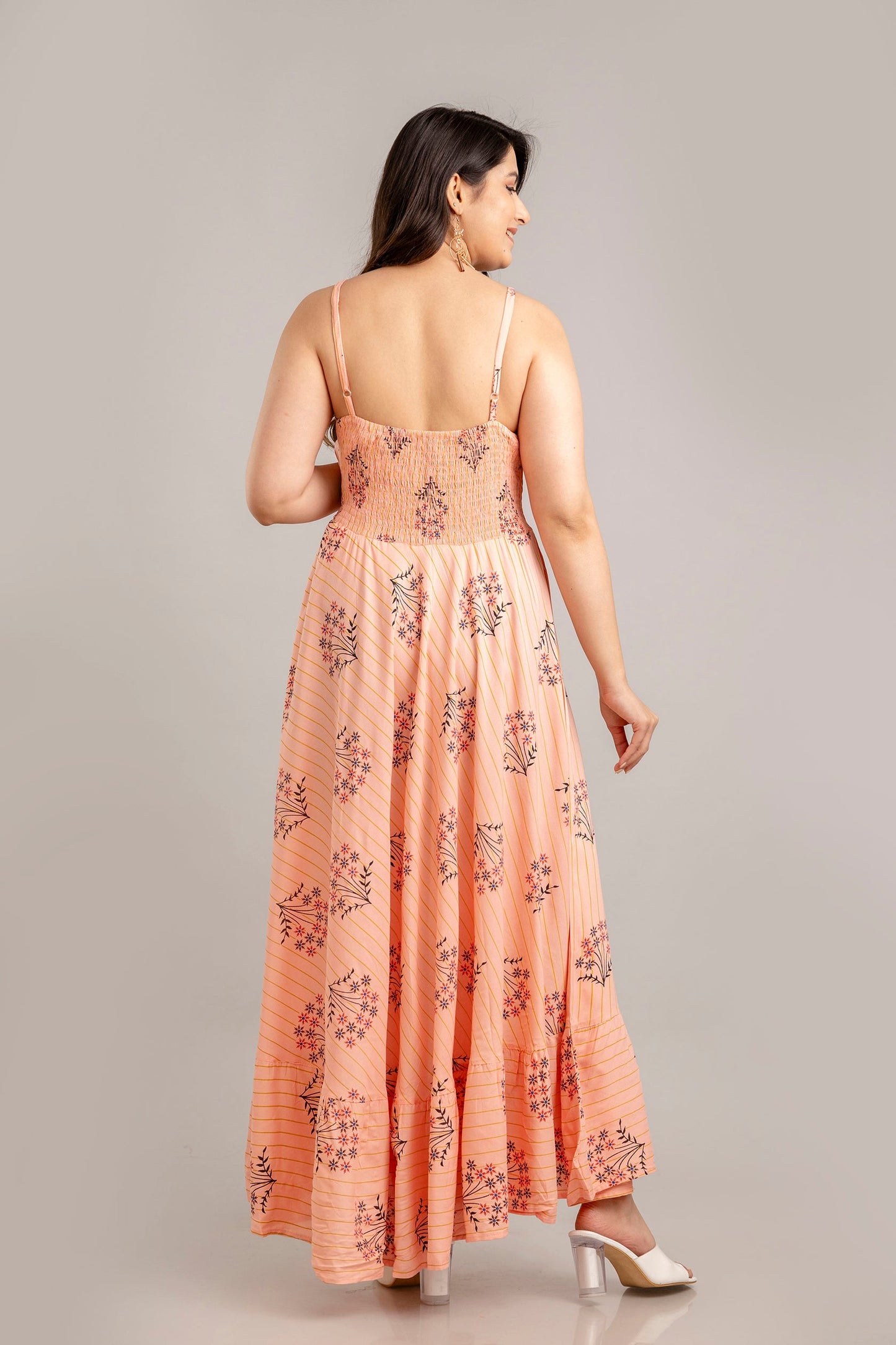 Peach Floral Printed Sleeveless Fit and Flare Maxi Dress - SHKUP1367