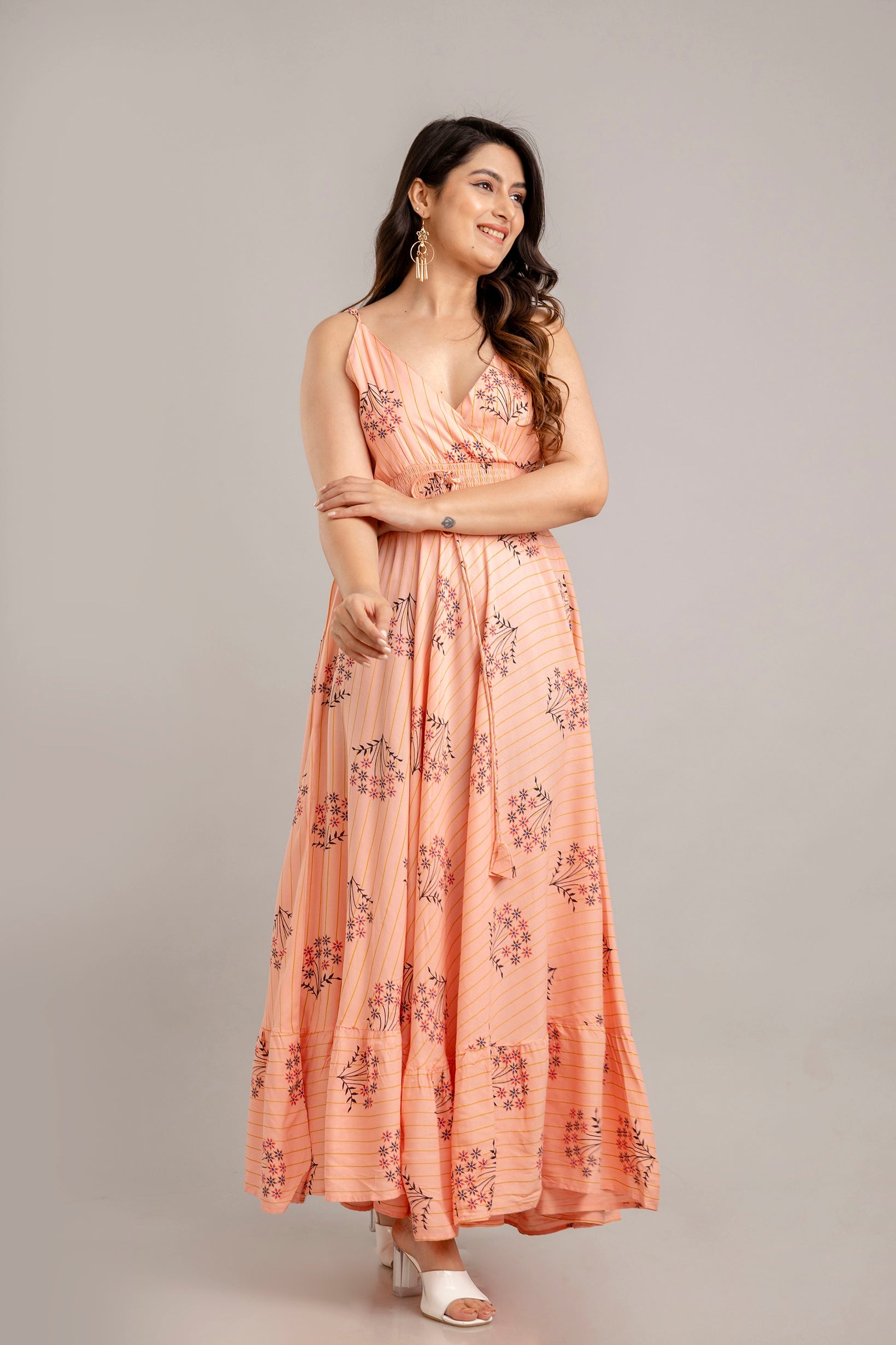 Peach Floral Printed Sleeveless Fit and Flare Maxi Dress - SHKUP1367