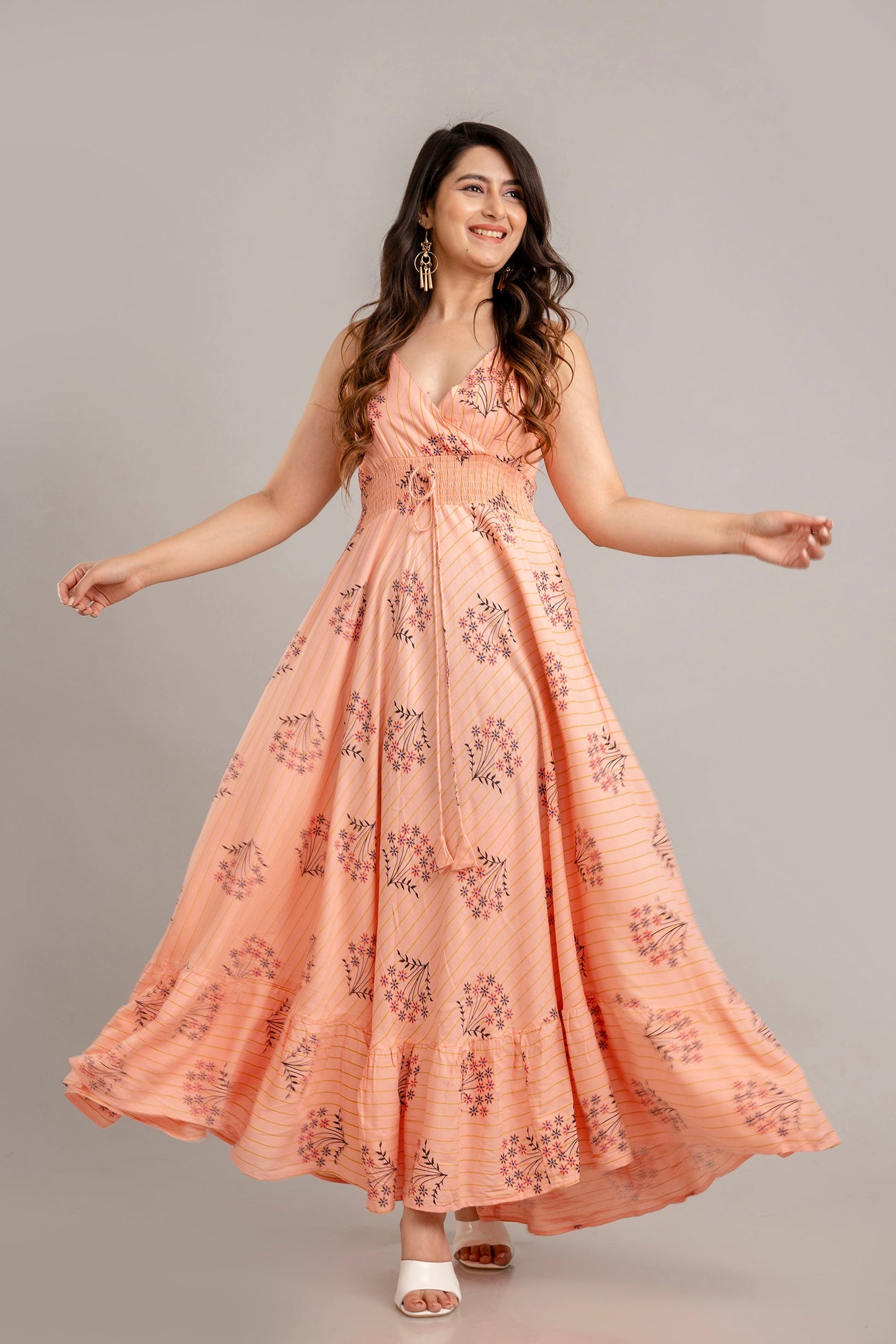 Peach Floral Printed Sleeveless Fit and Flare Maxi Dress - SHKUP1367