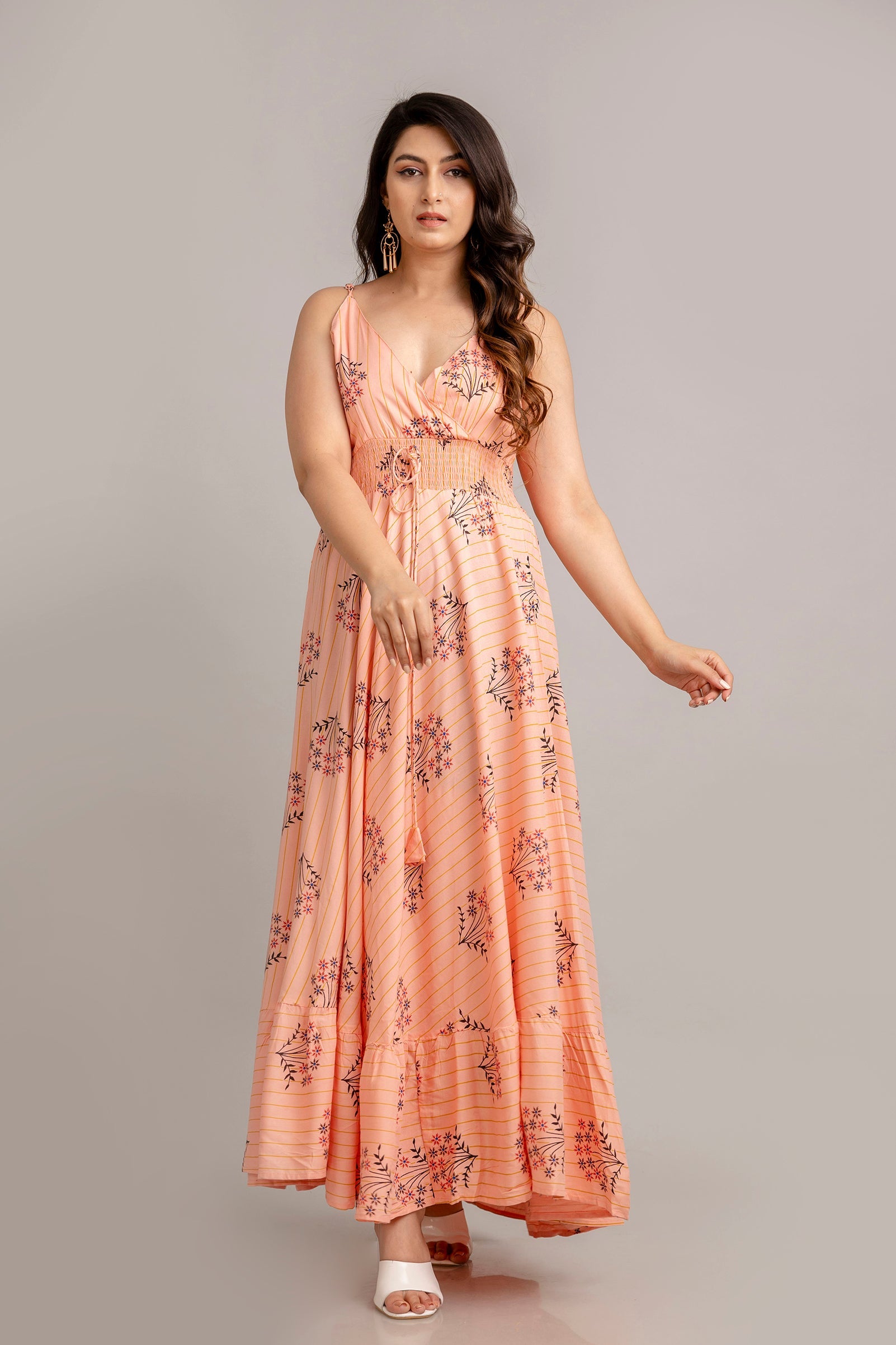 Peach Floral Printed Sleeveless Fit and Flare Maxi Dress - SHKUP1367