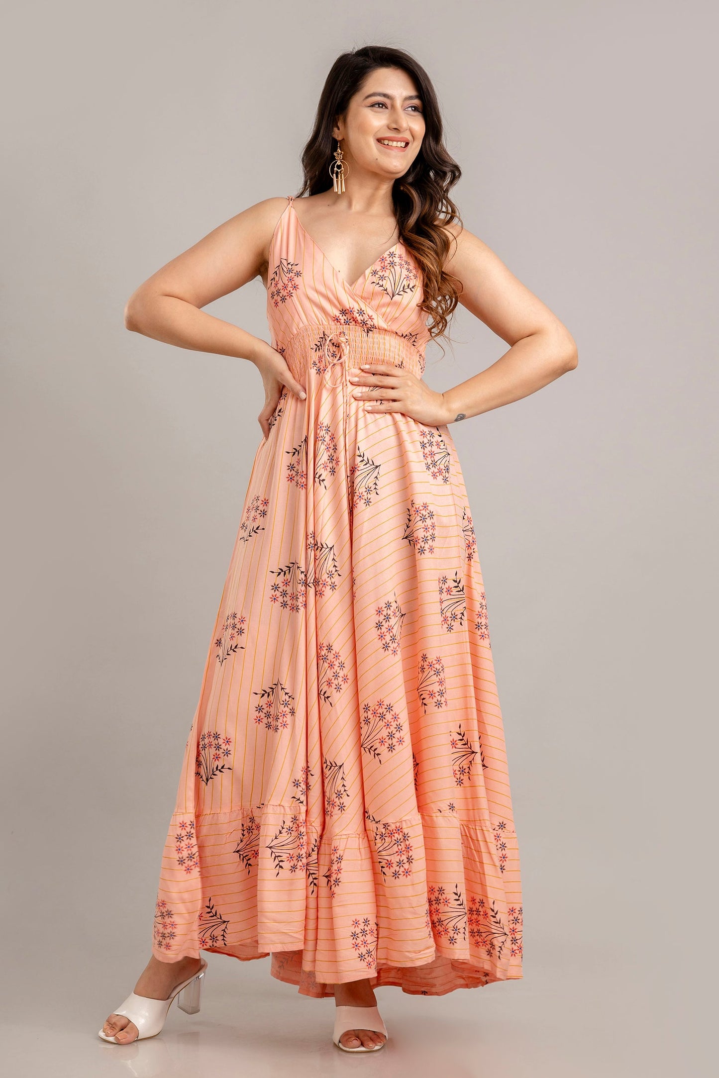 Peach Floral Printed Sleeveless Fit and Flare Maxi Dress - SHKUP1367