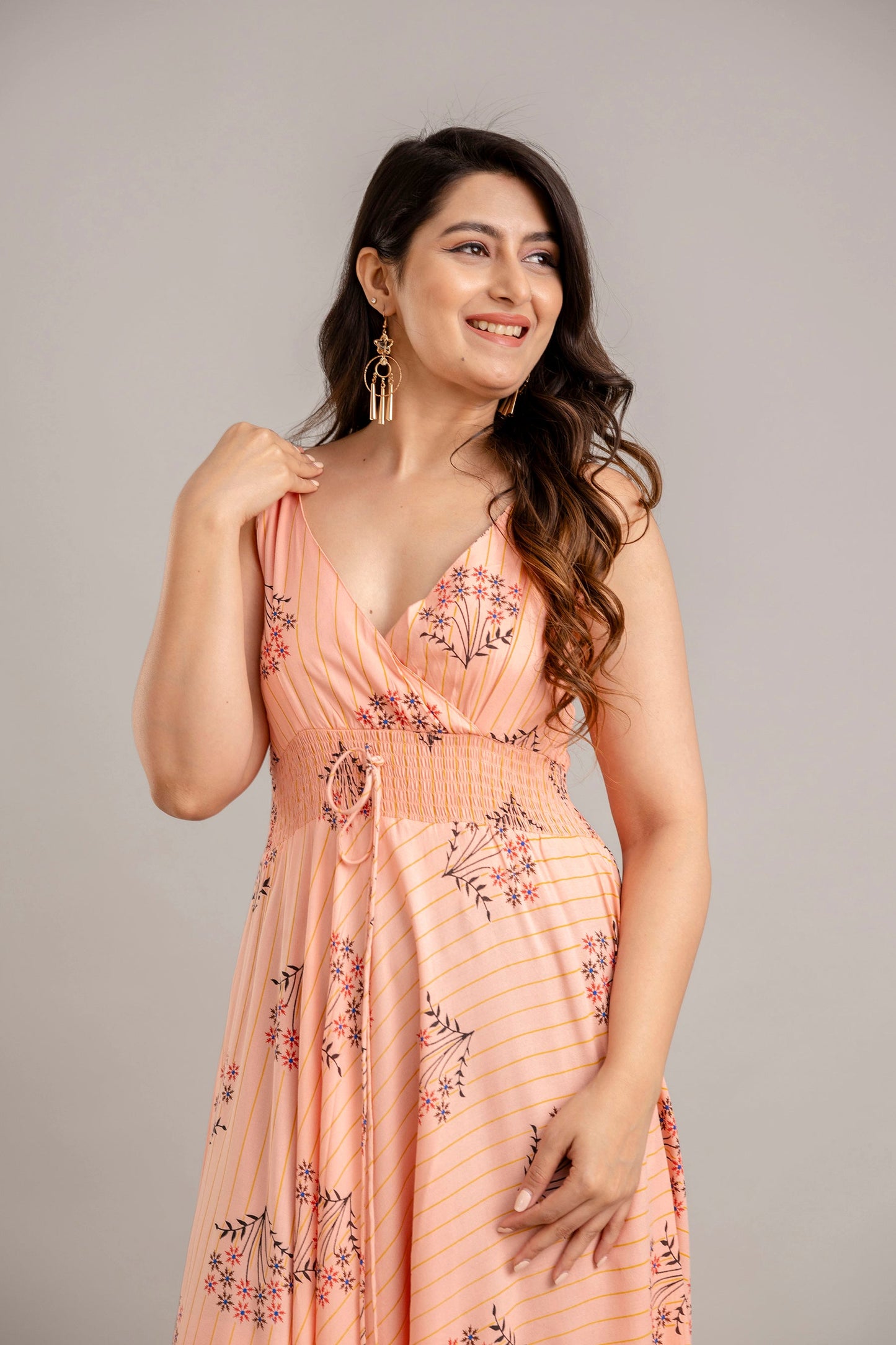 Peach Floral Printed Sleeveless Fit and Flare Maxi Dress - SHKUP1367