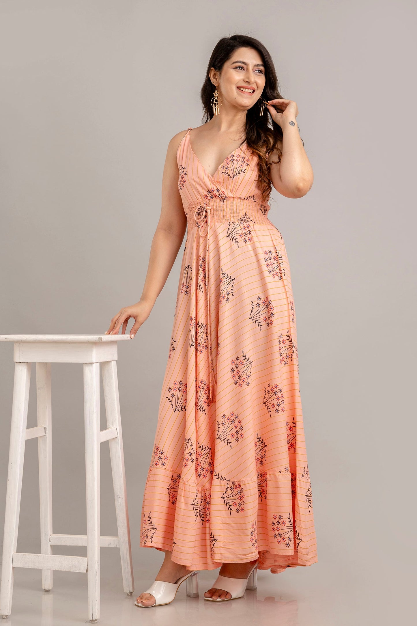 Peach Floral Printed Sleeveless Fit and Flare Maxi Dress - SHKUP1367