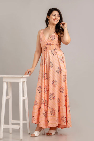 Peach Floral Printed Sleeveless Fit and Flare Maxi Dress - SHKUP1367