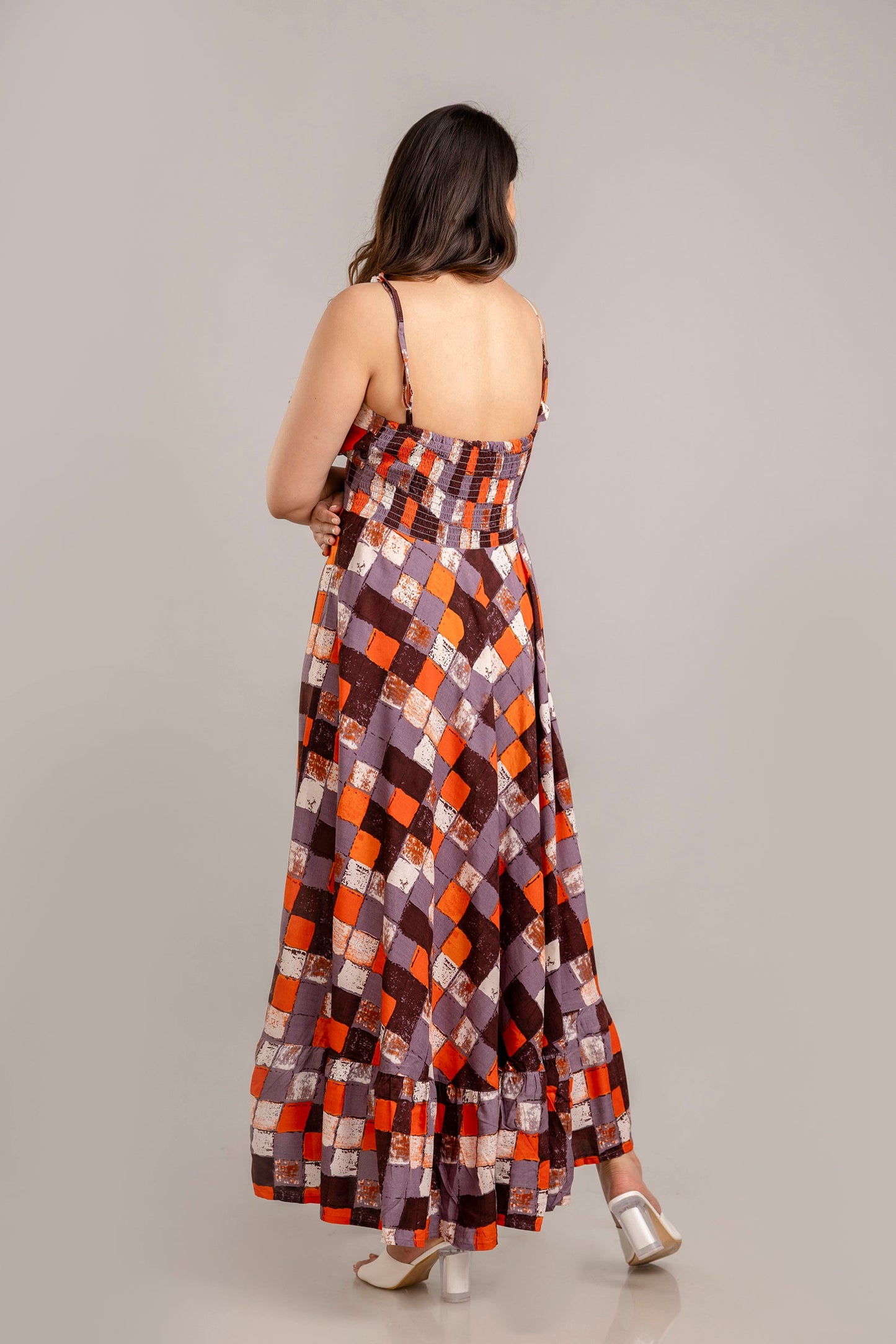 Multi Geometric Printed Sleeveless Fit and Flare Maxi Dress - SHKUP1368