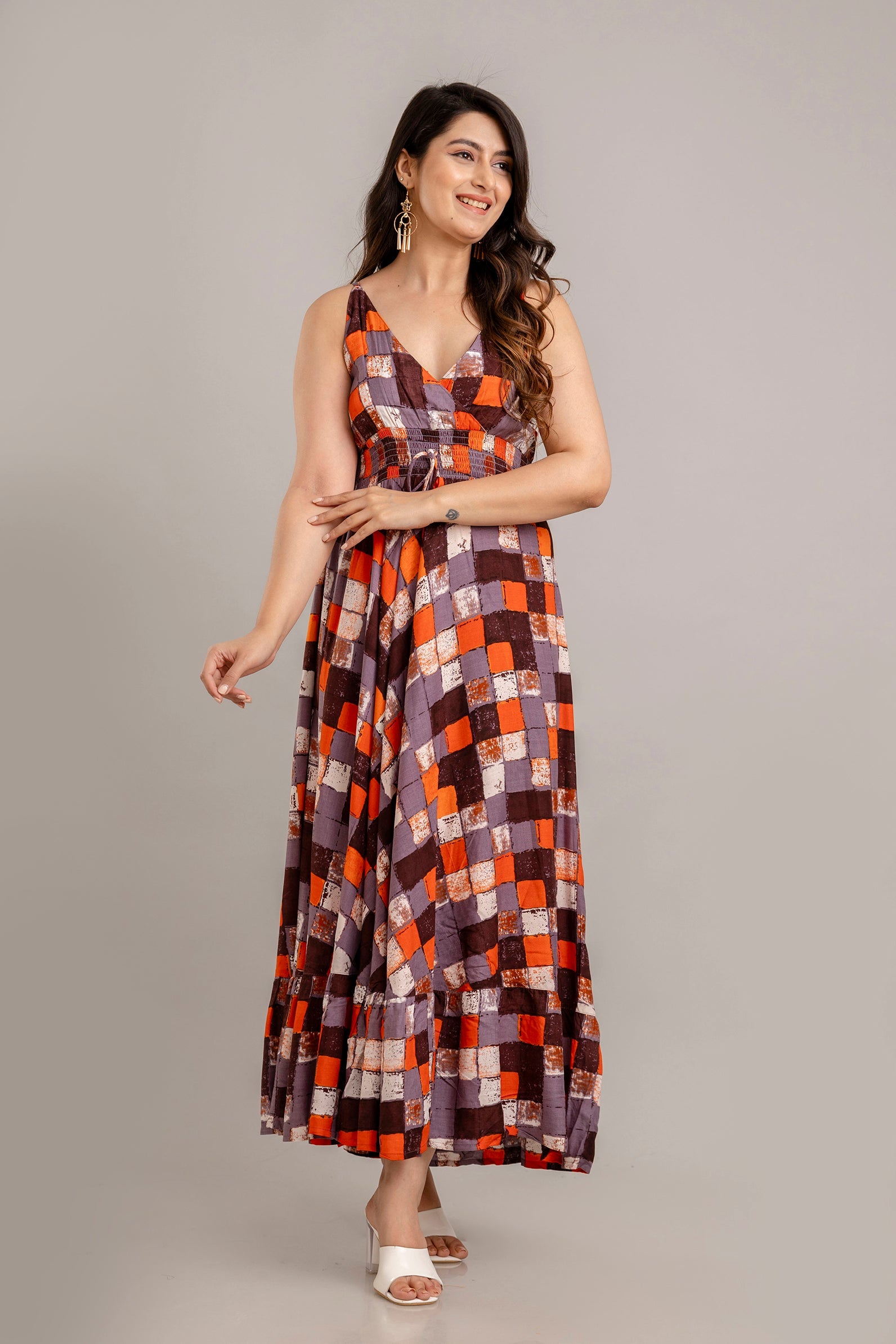 Multi Geometric Printed Sleeveless Fit and Flare Maxi Dress - SHKUP1368