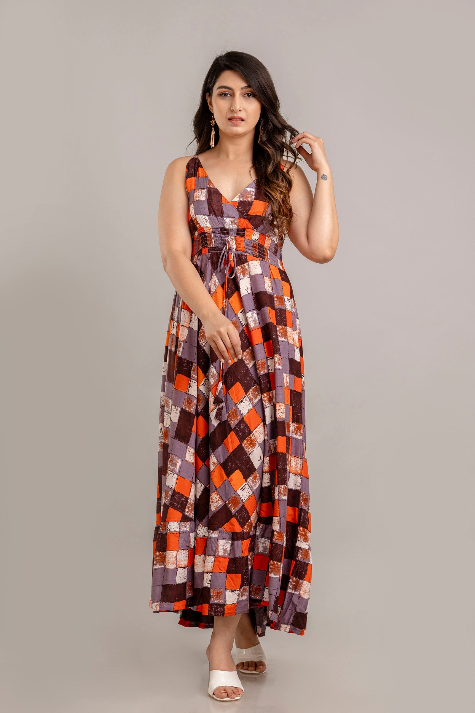 Multi Geometric Printed Sleeveless Fit and Flare Maxi Dress - SHKUP1368